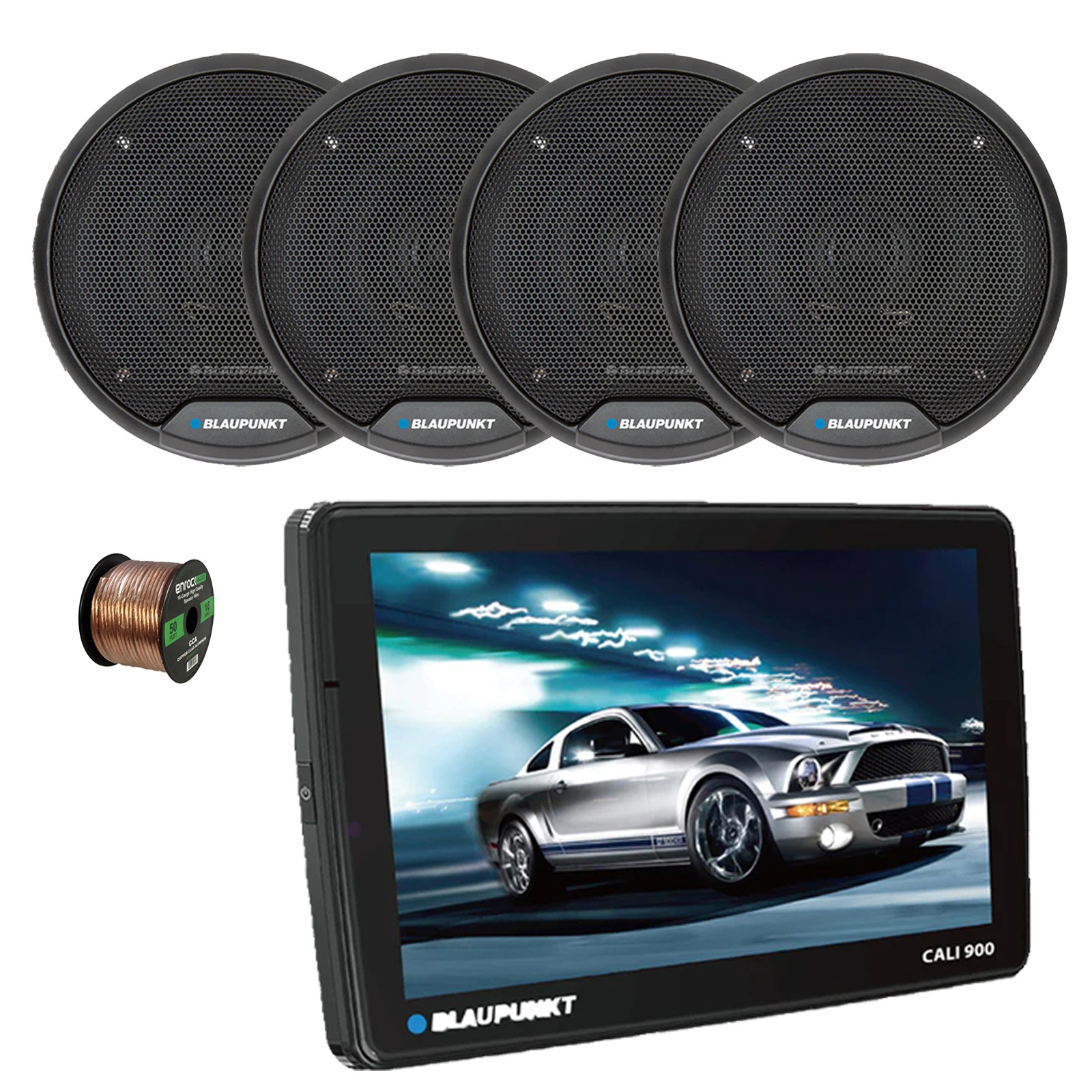 Blaupunkt CALI 900 9″ Touchscreen WiFi Receiver, 4x 4″ 40W Car Speakers, Wire
