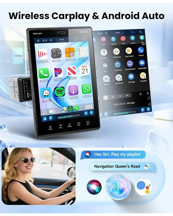 9.5 Inch Wireless CarPlay & Android Auto Single DIN Car Stereo Rotatable Touchsc
