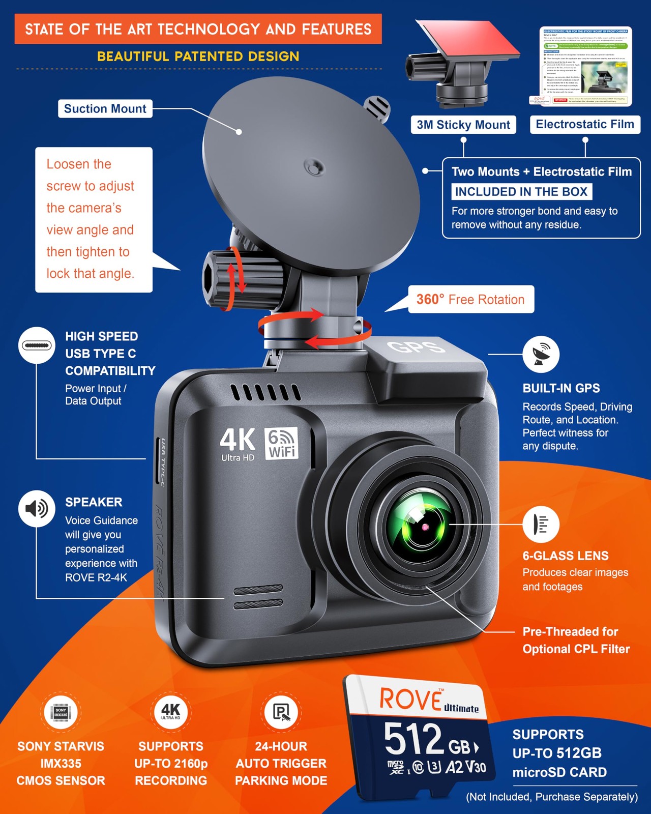 ROVE R2-4K Dash Cam Built-in WiFi 6 GPS Car Dashboard Camera Recorder with UHD 2