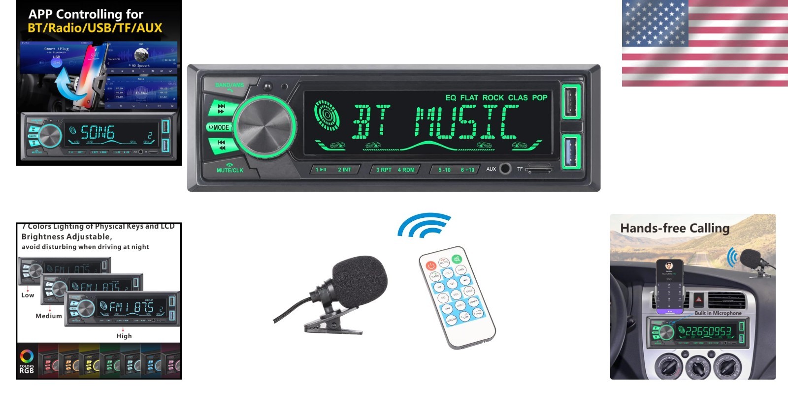 Single DIN Bluetooth Car Stereo – Fast Charging, AUX Input & APP Functionality