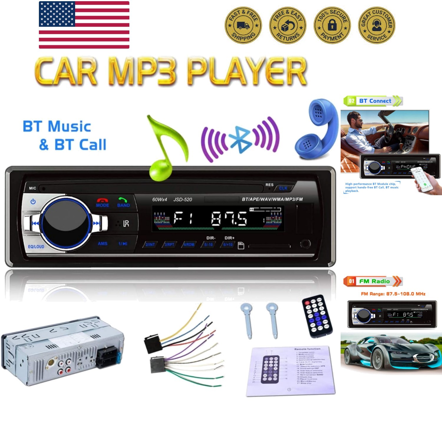Bluetooth 12V Car Stereo with FM Radio & USB/SD/MMC for Modern Drivers