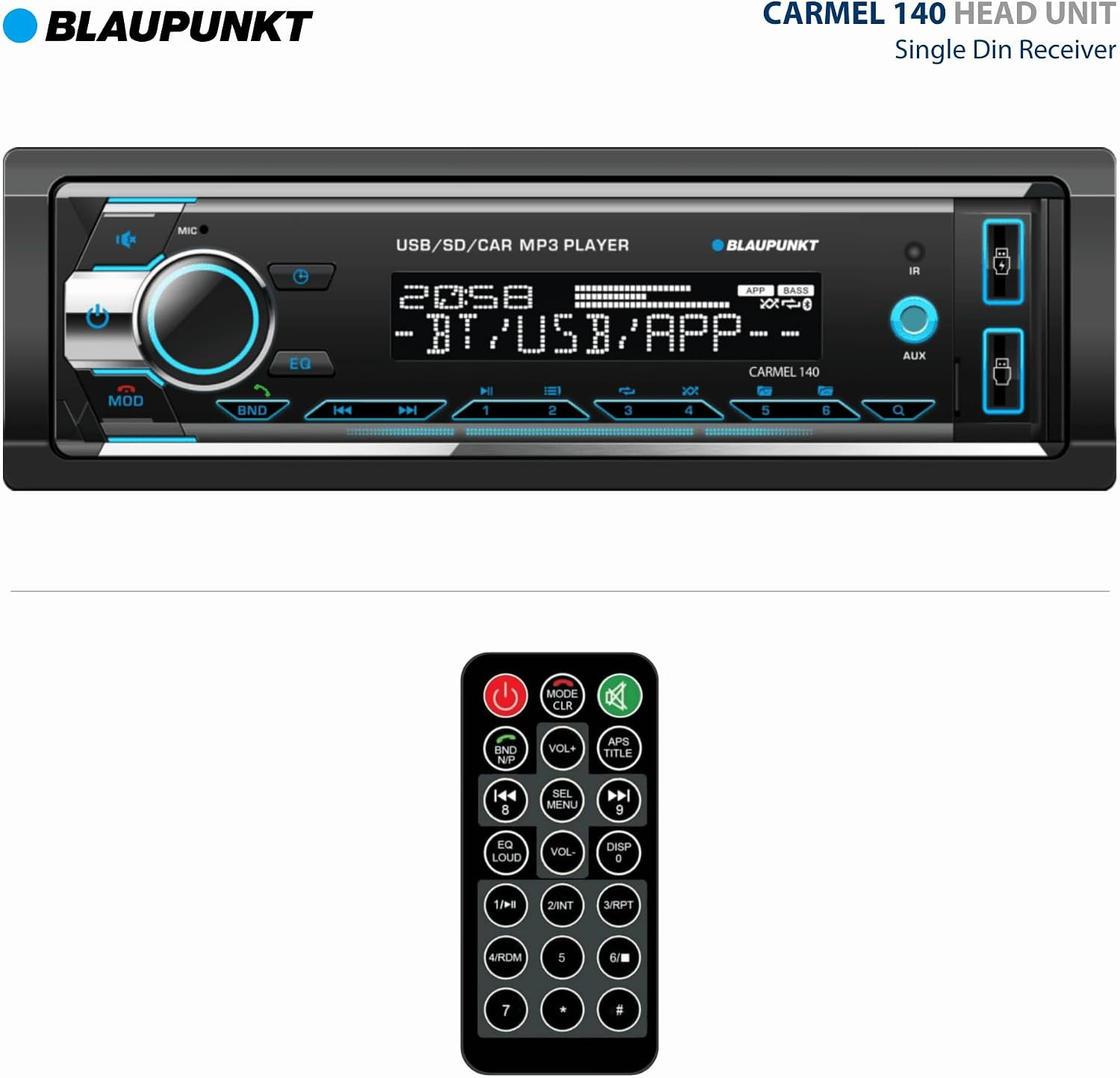 Carmel 140 Bluetooth Car Stereo – 2 USB Ports, SD Card Slot, AM/FM Radio, USB Ch