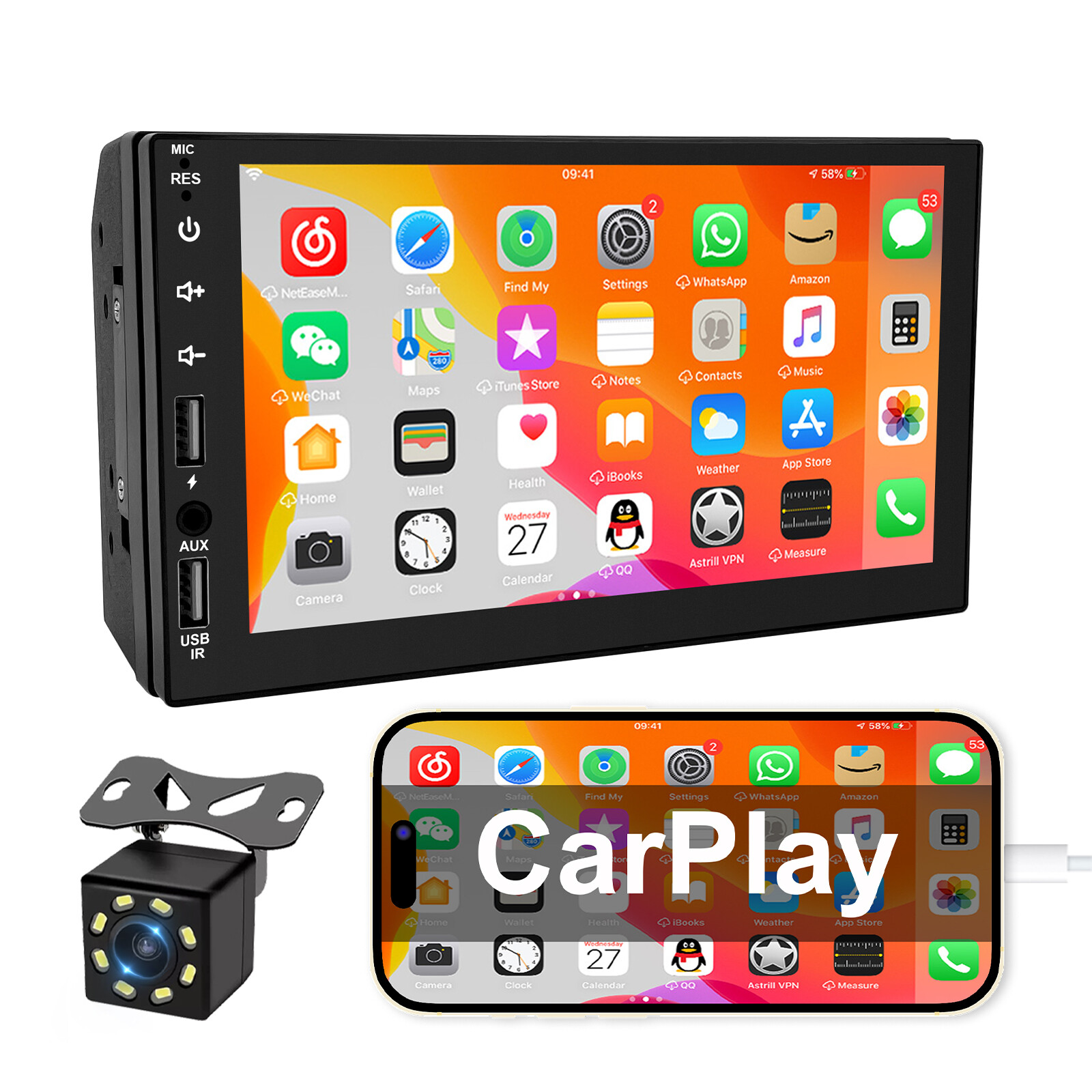 AUX Car MP5 Player 7″ Double 2DIN B-T Touch Screen Stereo Radio USB Camera USB~