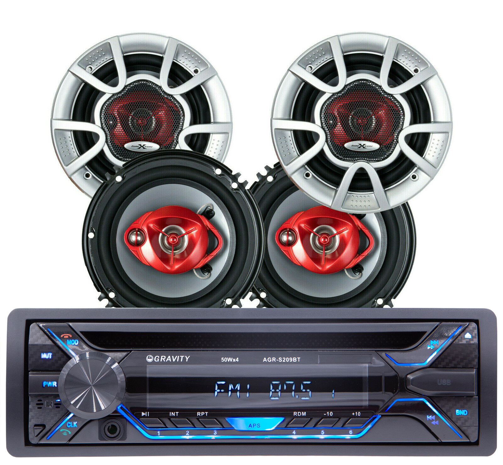 Gravity Car Audio CD Player w/ Bluetooth Receiver + 4x 300w 6inch Car Speakers