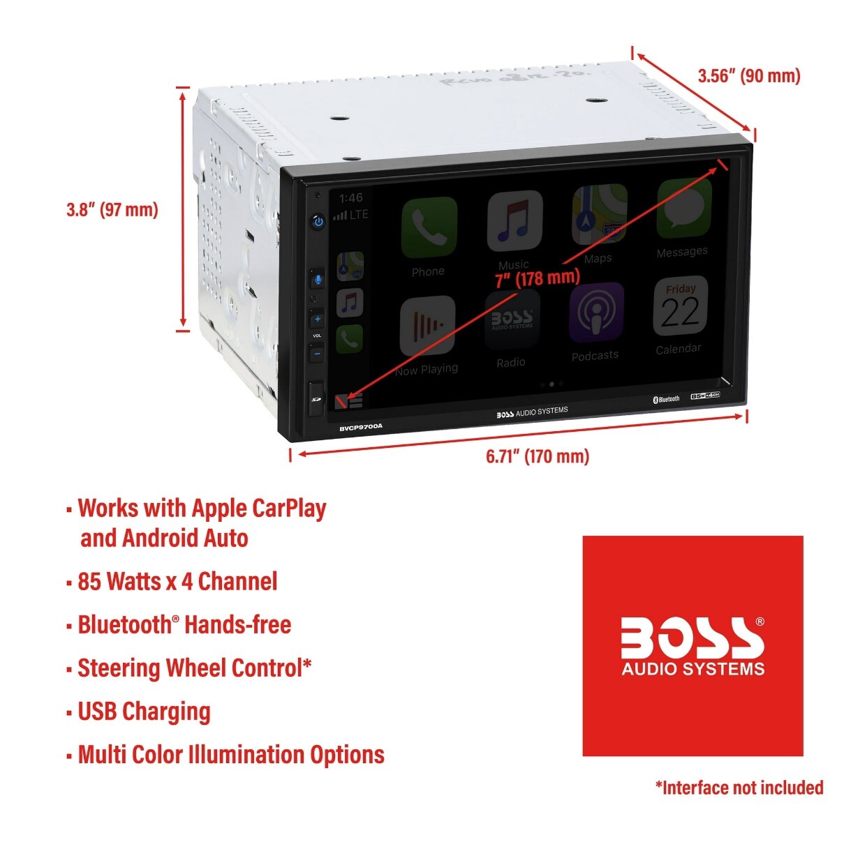 NEW BOSS Audio BVCP9700A 2 Din Apple CarPlay Android Auto Car Stereo System