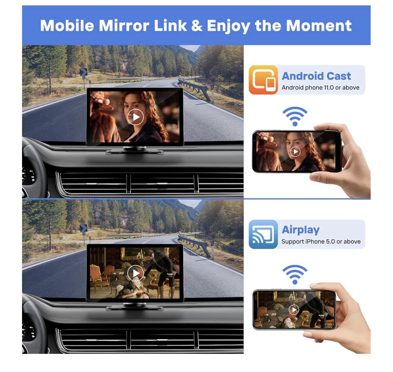 9” Inch Wireless Carplay Screen For Car With 4k Dash Cam,