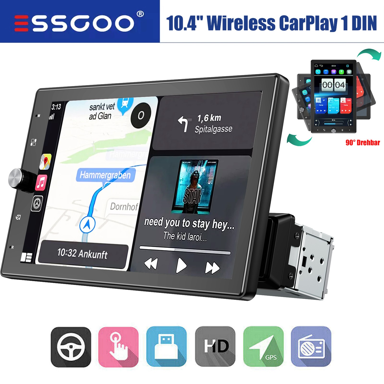 10.4” Rotatable Single 1 DIN Wireless Carplay/Android Auto Car Stereo Radio FM