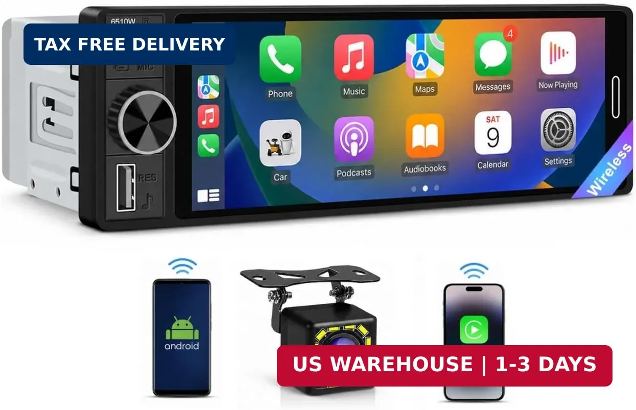 6.5″ Wireless Single Din Car Stereo with Apple CarPlay 720×1280 HD in Cell Touch