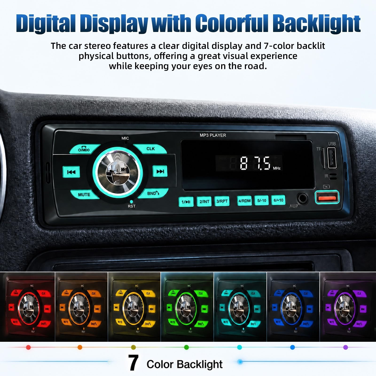 Bluetooth Car Stereo Single DIN – Dual USB, FM/MP3/SD/AUX, EQ, Quick Charge