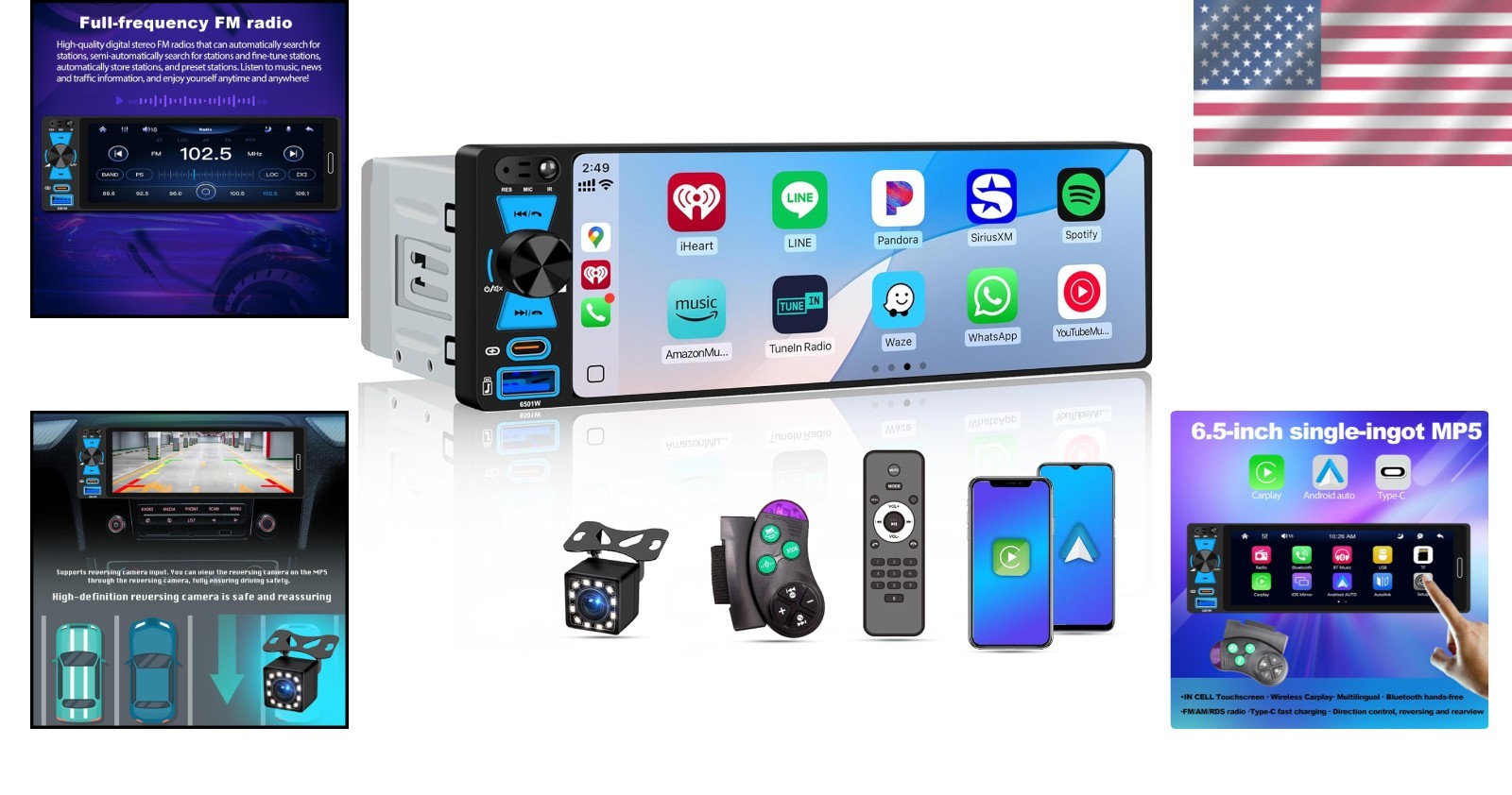 6.5in Single Din Car Stereo with Wireless Apple CarPlay Android Auto Bluetooth
