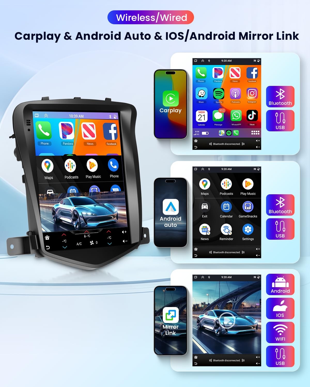 9.7″ Touchscreen Wireless Carplay Android Auto Stereo for 2009-2014 Chevy Cruze