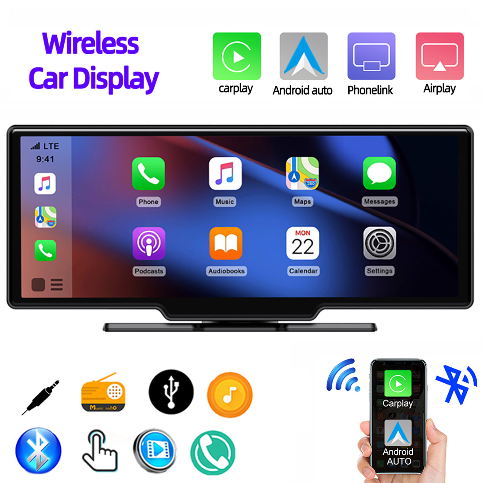 10″ Portable Car Stereo Radio Wireless Apple CarPlay Android auto BT Touchscreen