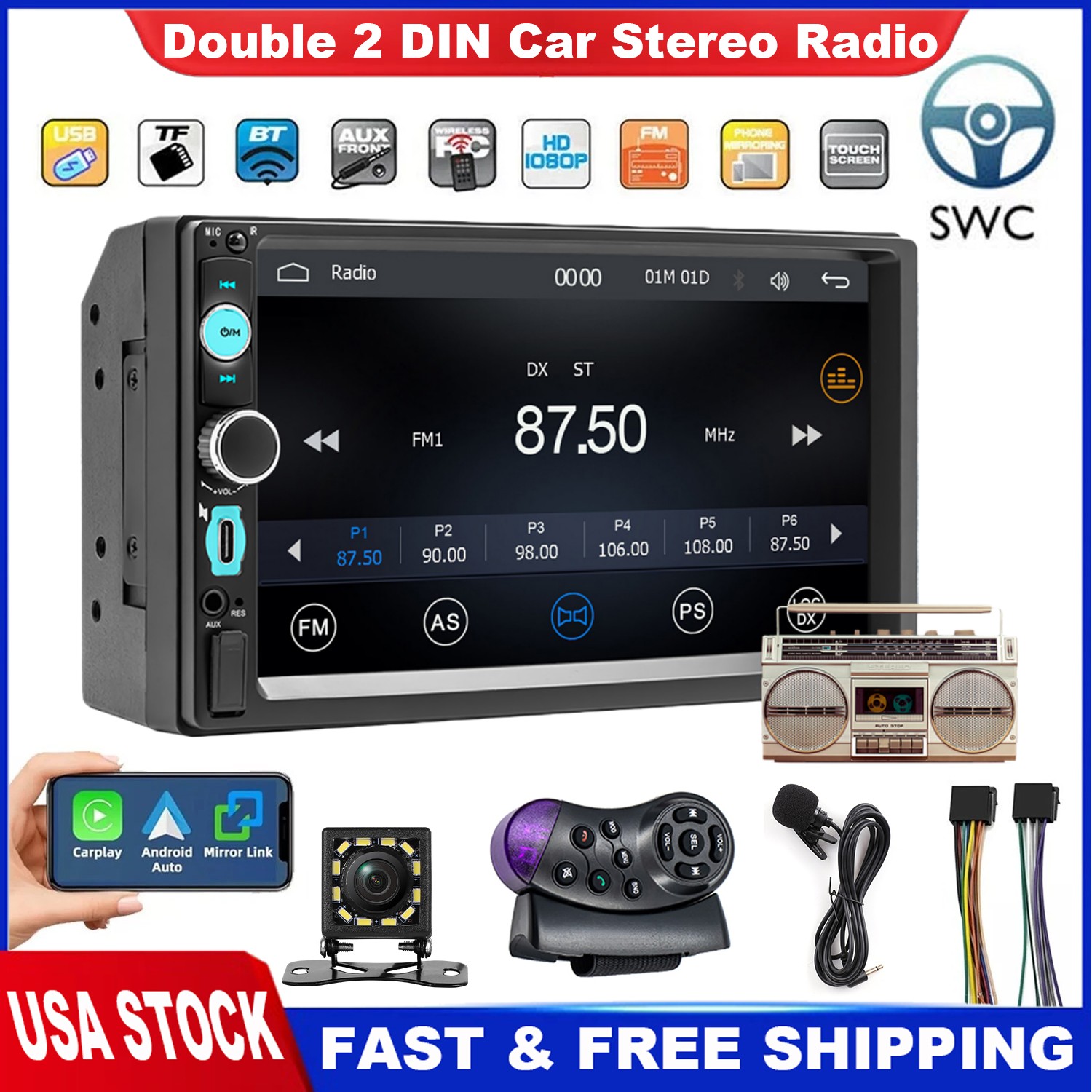 7″ Double 2 DIN Car Stereo Radio MP5 Touch Screen Bluetooth FM USB & Rear Camera