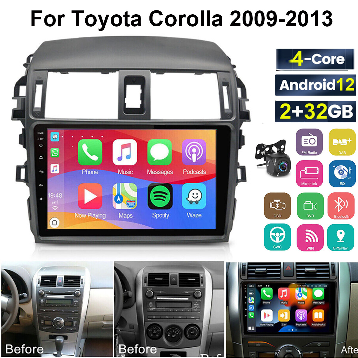9″ Android Car Sluetooth For TOYOTA COROLLA 2009-2013 CarPlay Auto FM WIFI Navi