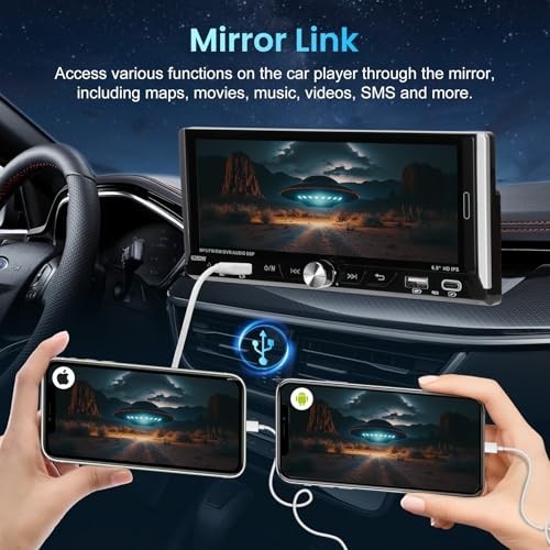 Single Din Car Stereo 6.9″ Touchscreen, Wireless Apple Carplay, Android Auto, Bl
