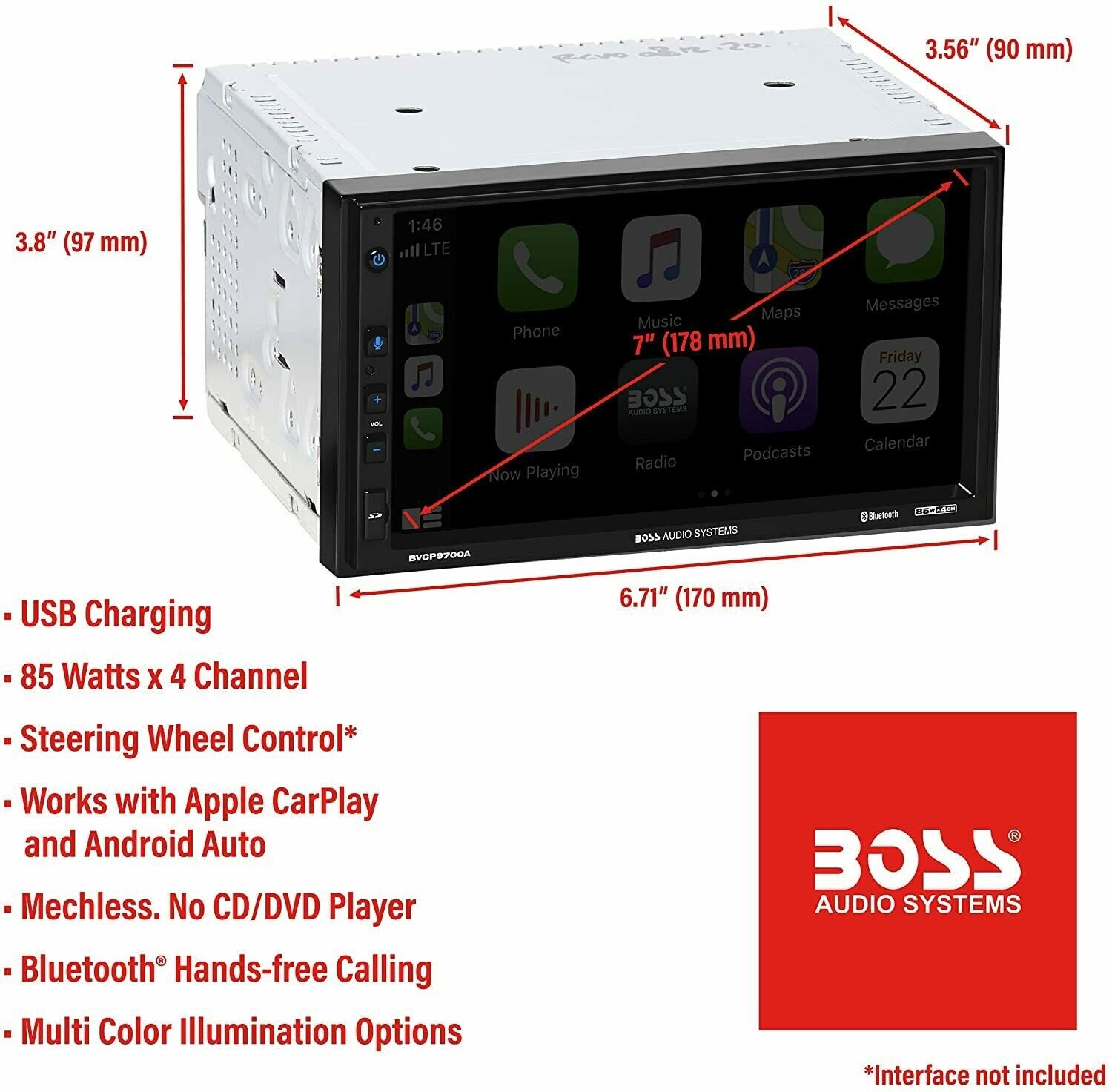 BOSS BVCP9700A Double 2 DIN 7″ Car Stereo Apple Carplay Android Auto Bluetooth
