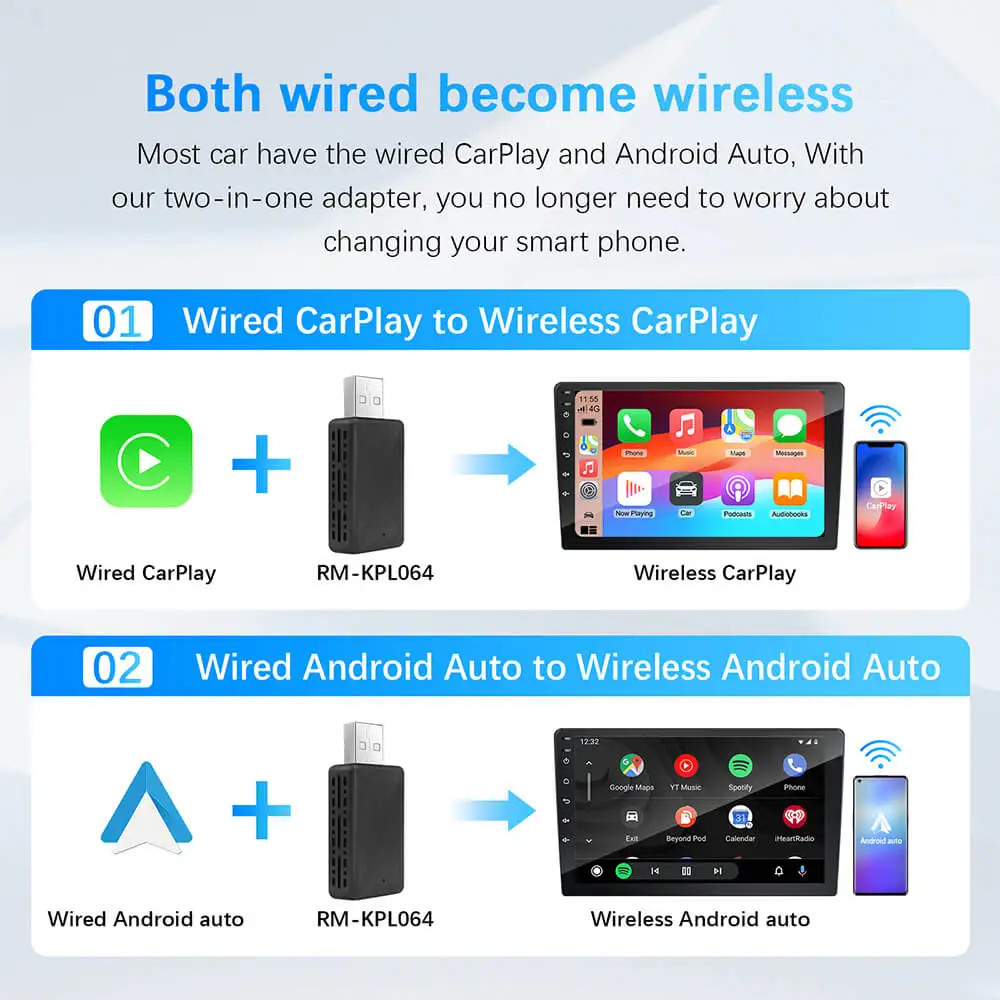2-in-1 Wireless CarPlay & Android Auto Adapter USB Dongle OEM Stereo Plug & Play