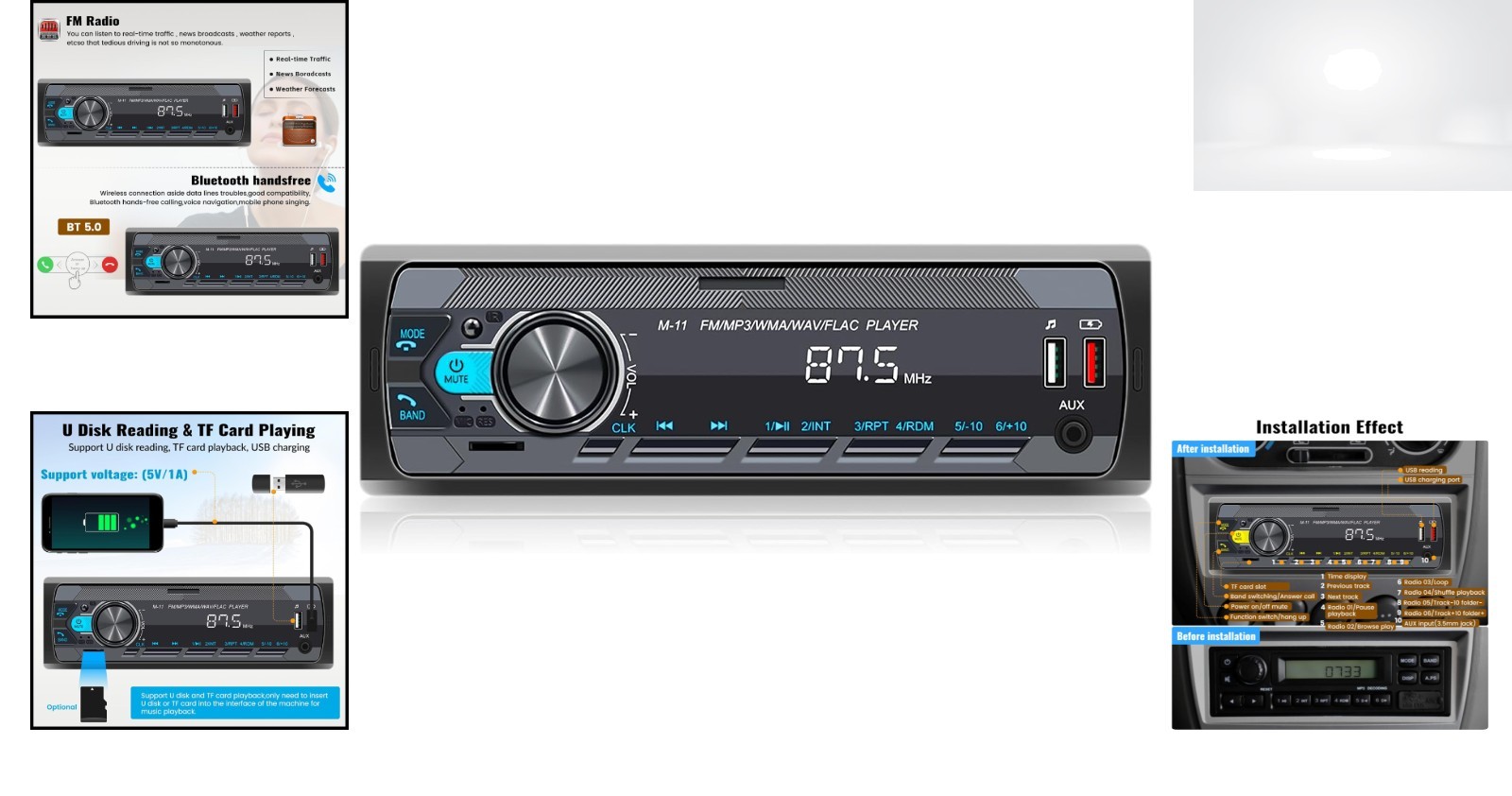 Single Din Car Stereo Bluetooth Hands Free Calling FM USB AUX 18 Preset Stations