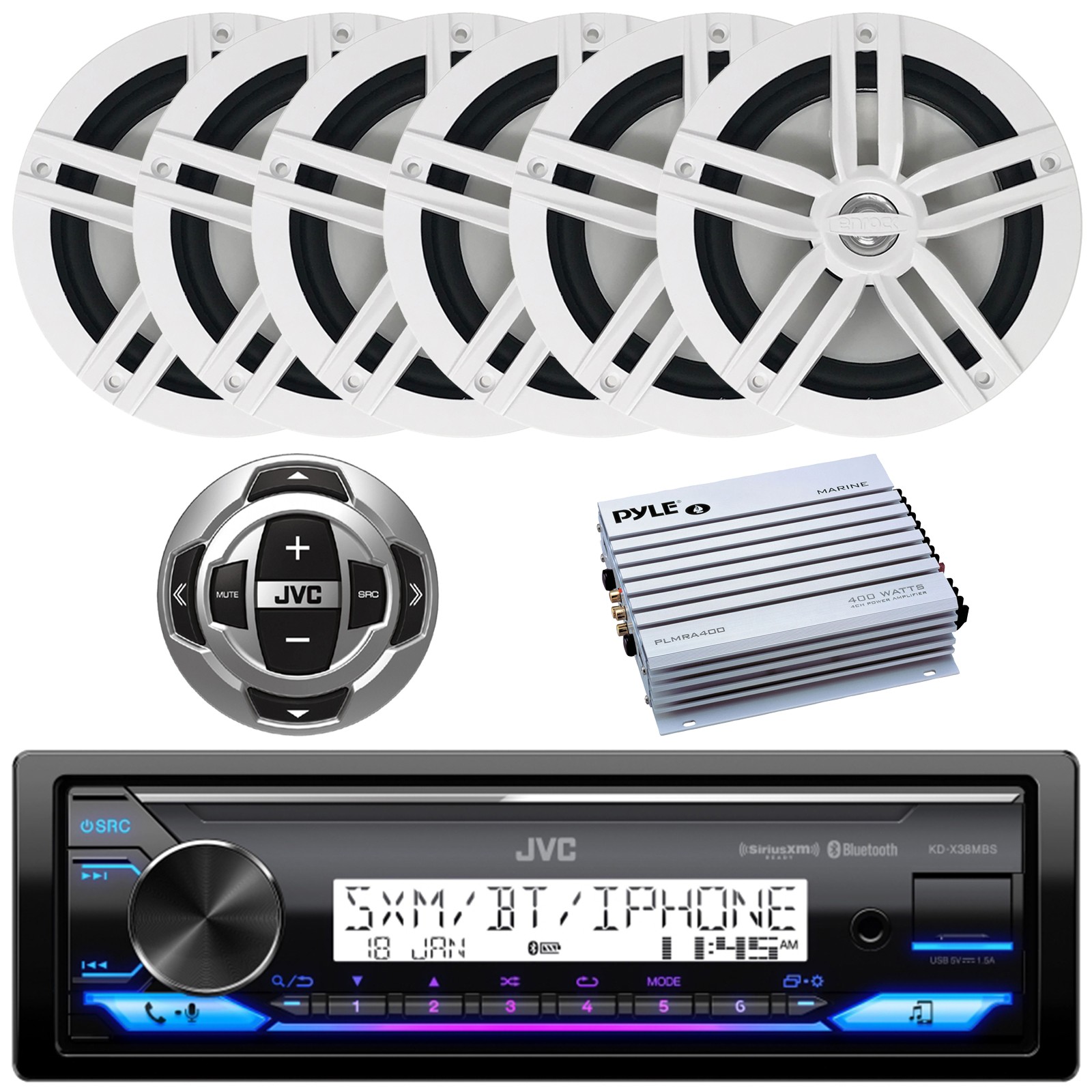 JVC Marine Single DIN AUX Receiver W/Remote, 6x 6.5″ 180W Speakers, Amplifier