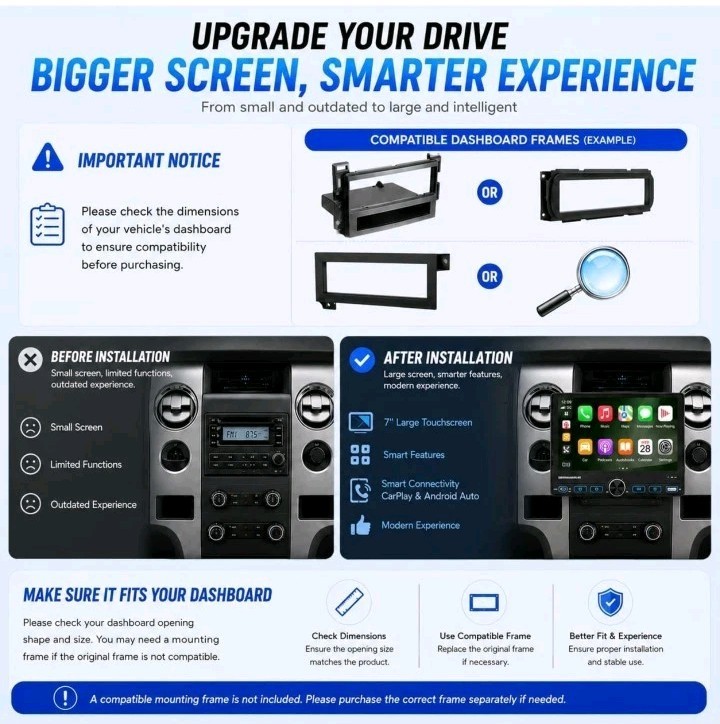 7″ Single 1Din Car Stereo Radio USB BT Wireless Android auto Carplay BT + Camera