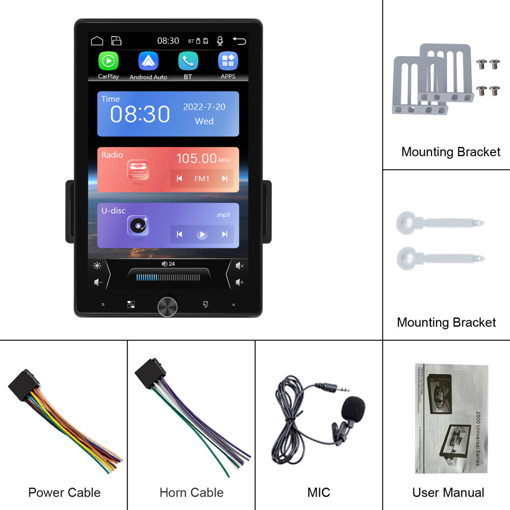 10.4″ Single 1 Din Touch Screen Stereo Bluetooth Radio Car Apple/Android Carplay