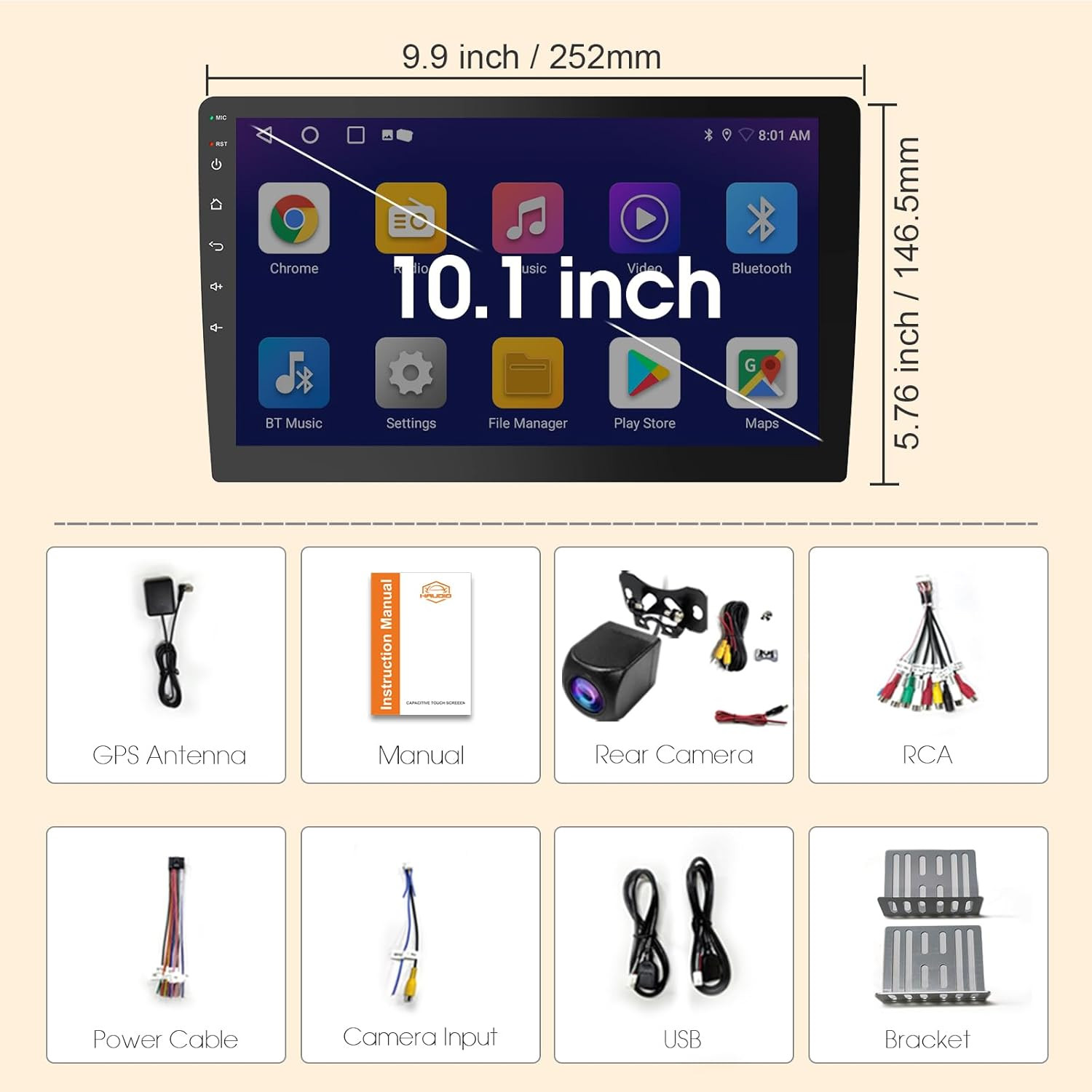 Double Din Car Stereo, 10.1″ HD Touchscreen with Wireless Apple Carplay & Androi
