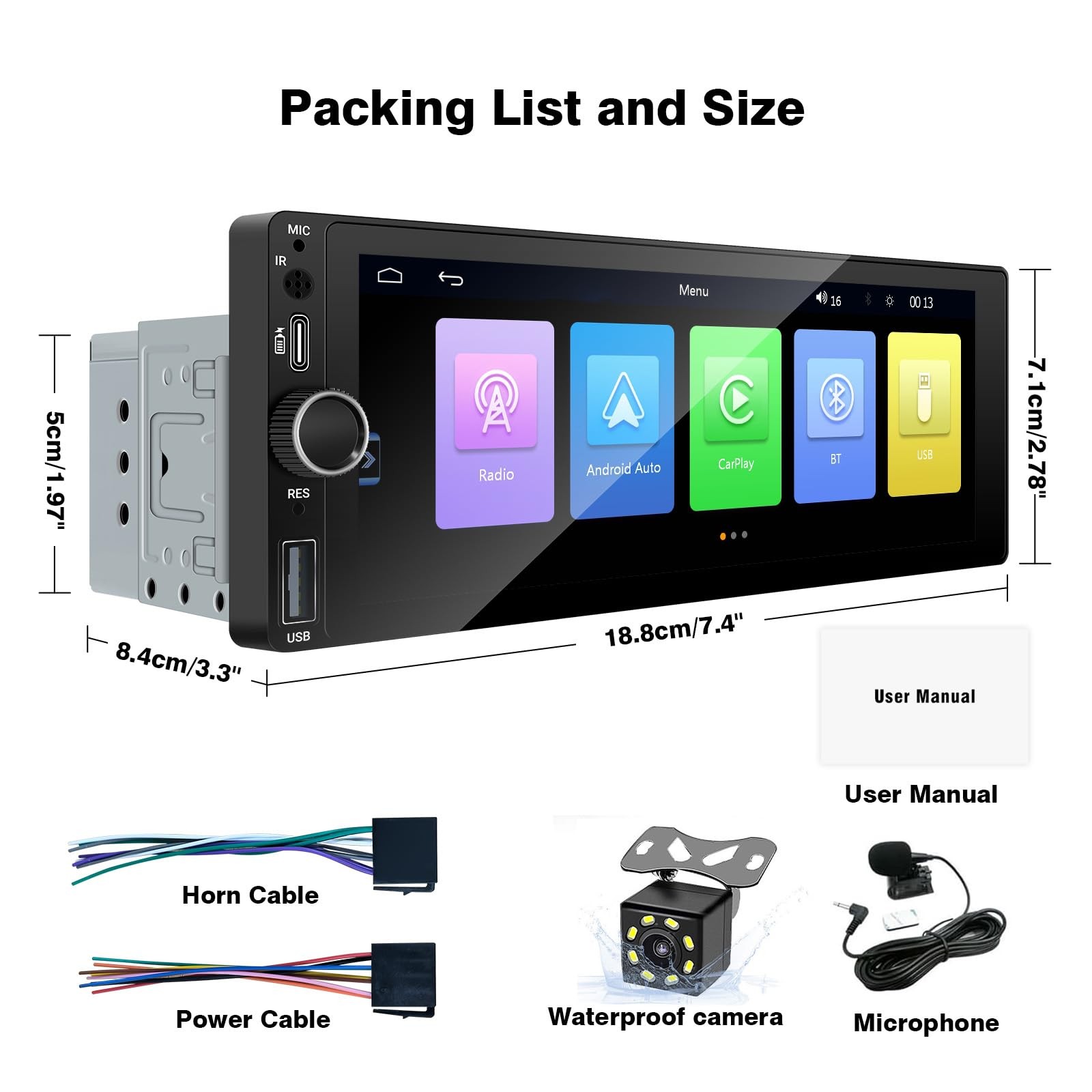 Single Din Car Stereo with Wireless Carplay Android Auto IPS black 6.86 Inch