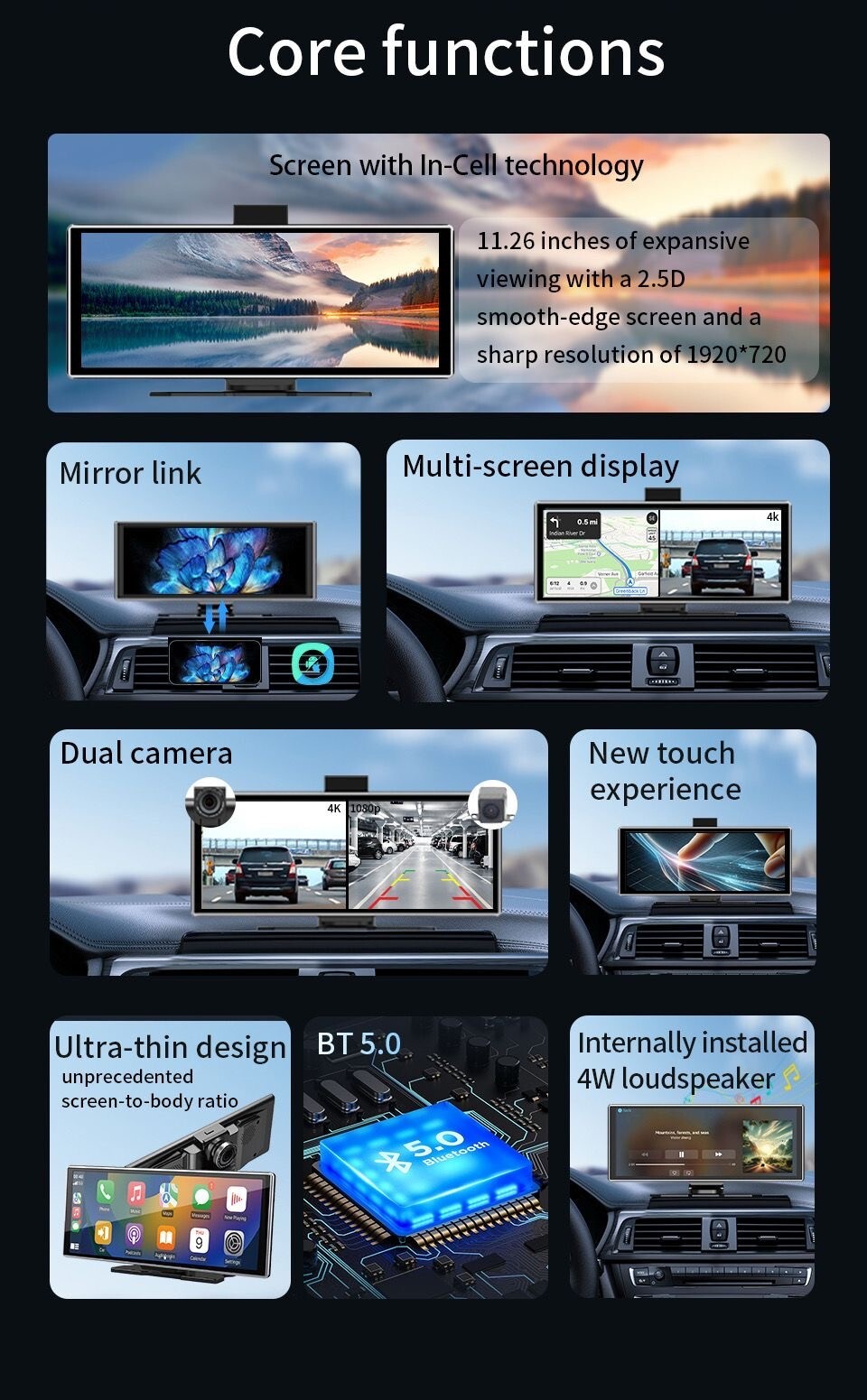 11.26″ Wireless CarPlay & Android Auto Screen with 64GB SD Card and Backup Camer