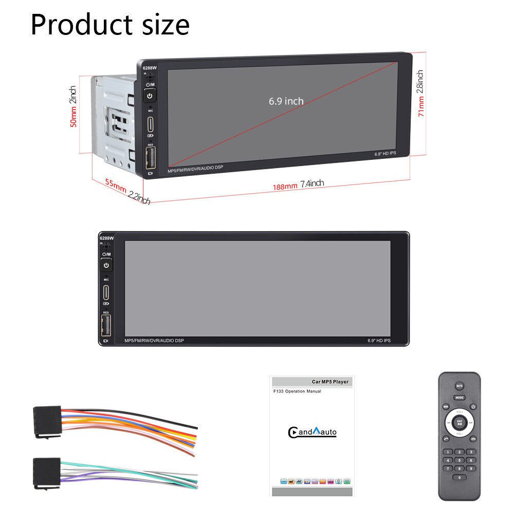 Car Radio 1 Din 6.9″ RDS Touch Screen Bluetooth Wireless Carplay Android Stereo