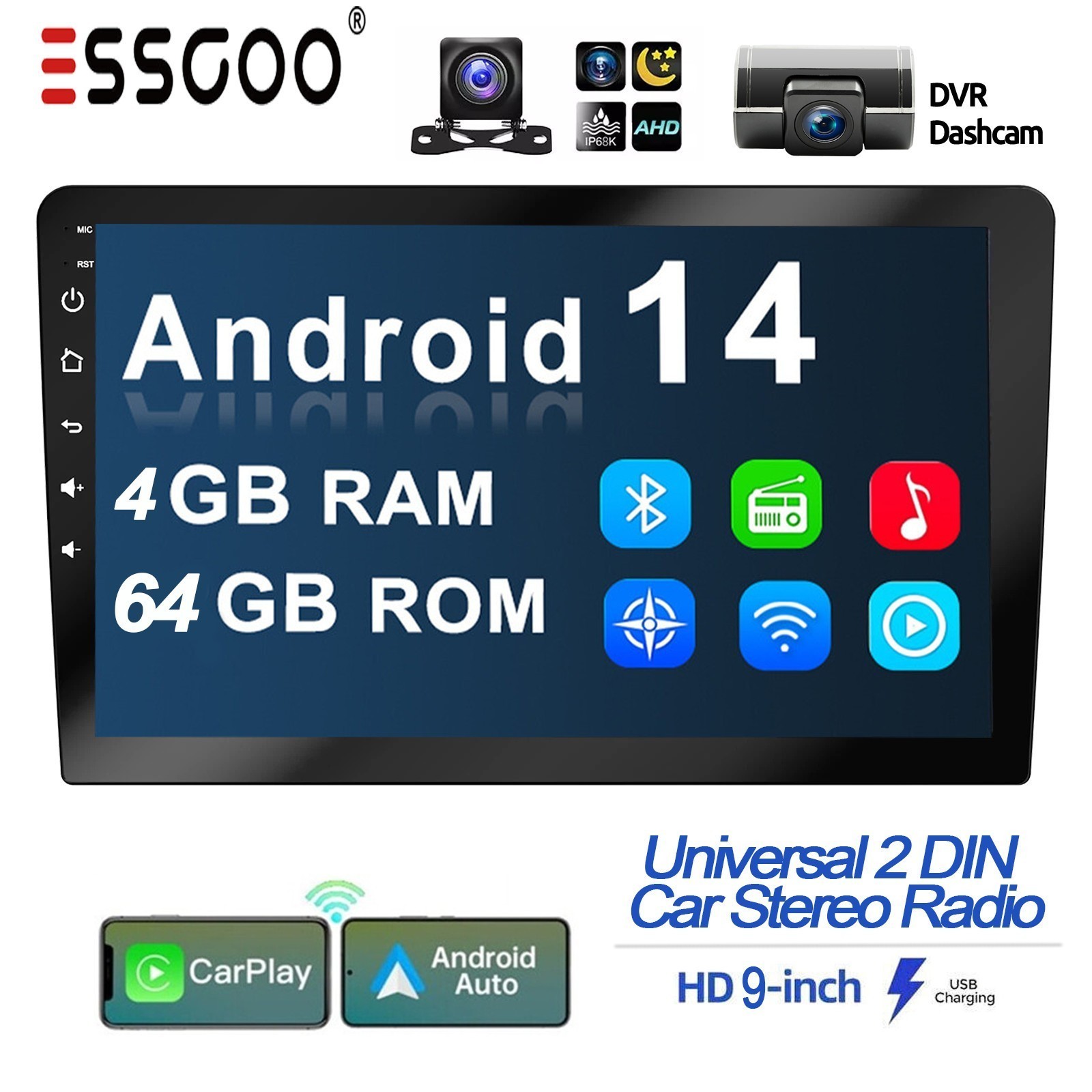 4+64G Android 14 Double 2DIN Car Stereo Radio 9″ GPS DVR+ WIfI BT AHD Head Unit