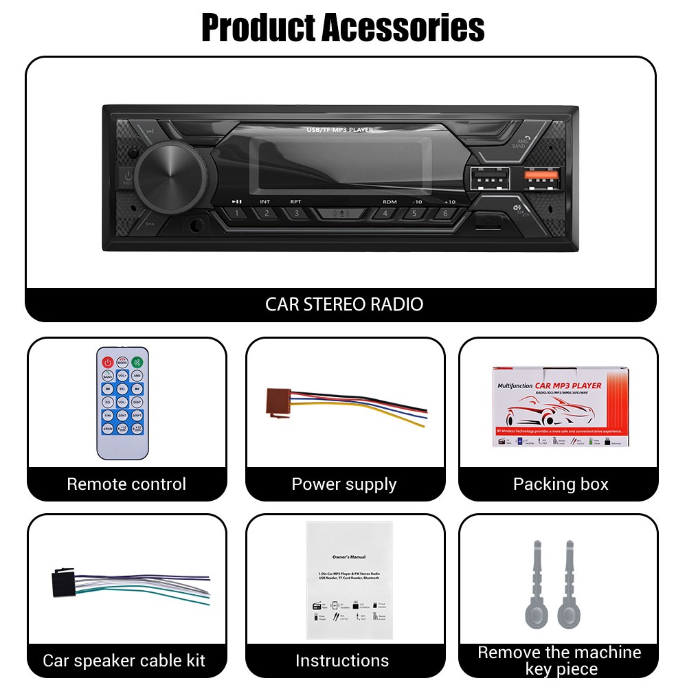 Single 1 DIN Head Unit Car Stereo Radio FM MP3 Player Bluetooth USB TF AUX New