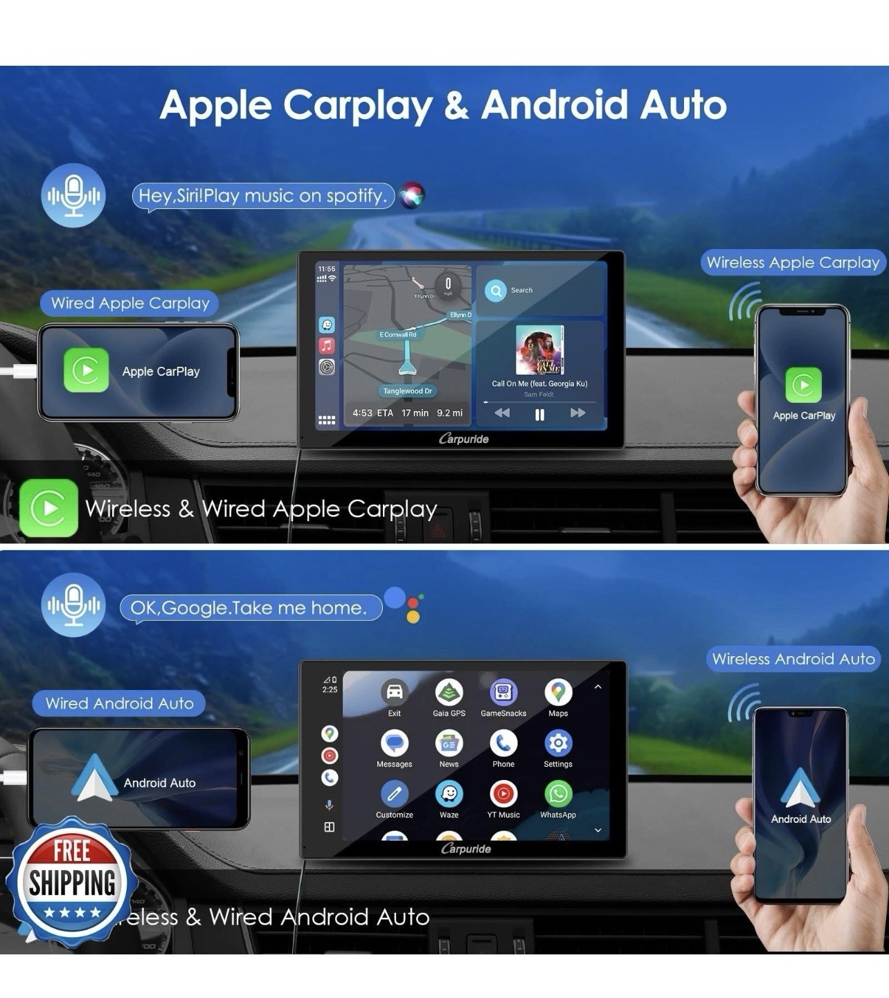 CARPURIDE C98 Wireless 9’’ Apple Carplay Android Auto GPS Navigation