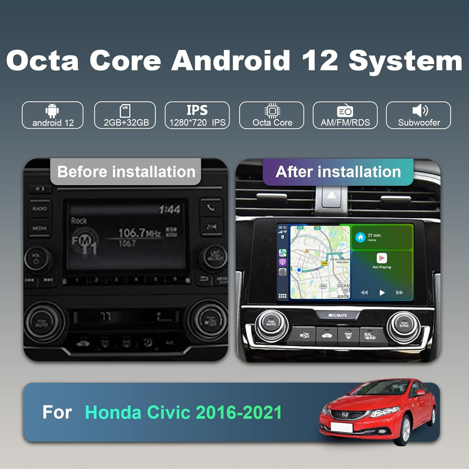 8 Core Android Car Radio Stereo for Honda Civic 2016-18 Wireless CarPlay S145