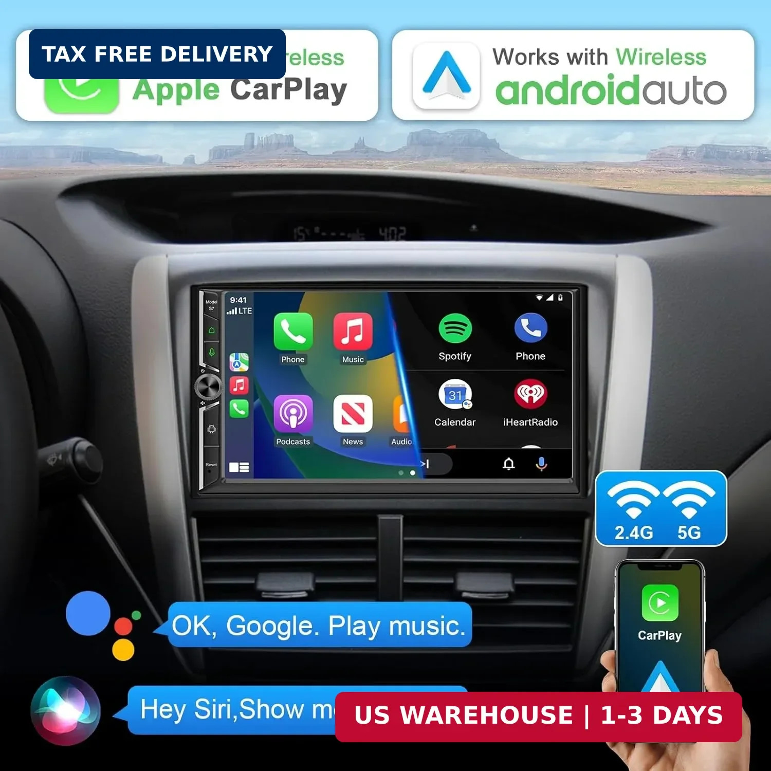 Double Din Car Stereo Wireless Apple CarPlay Android Auto,7 in Android Car Radio