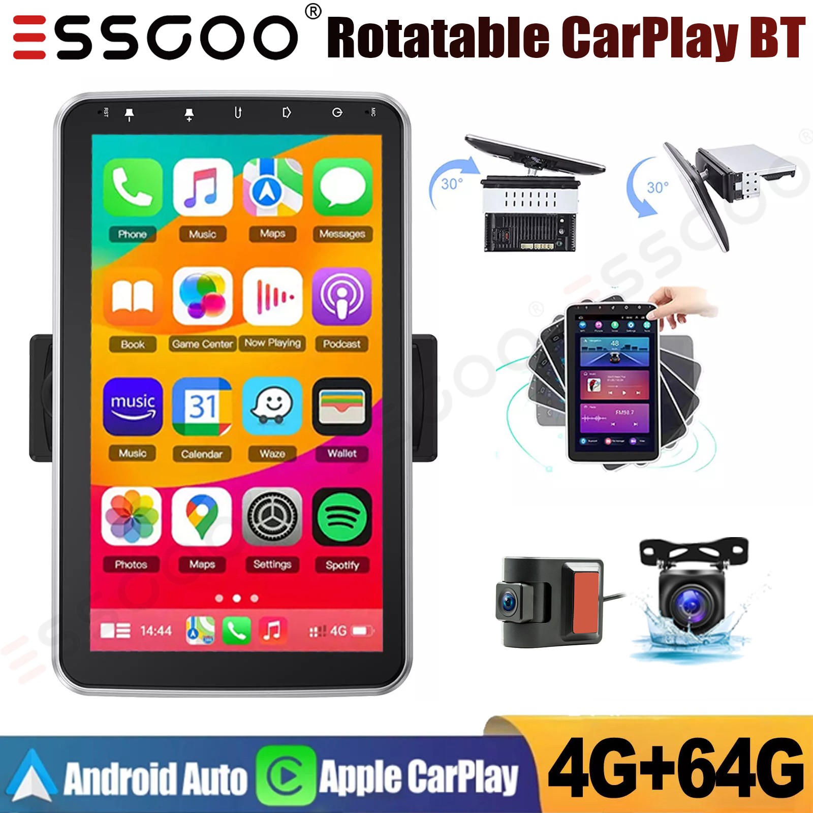 10.1″ DVR+ Car Stereo Radio 1Din Rotatable Apple Carplay Touch Screen 4+64GB AHD