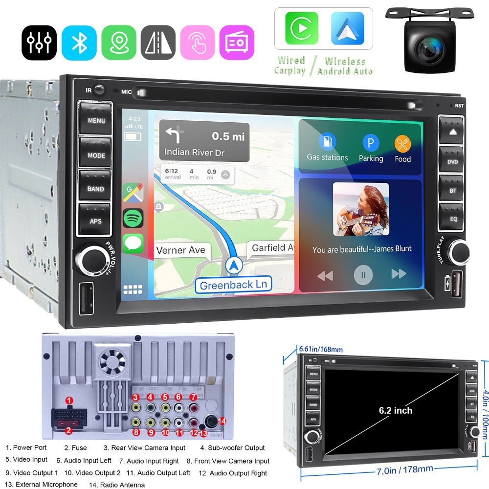 6.2″ Car Radio Apple CarPlay Auto Stereo Double 2Din Touch Screen CD DVD Player