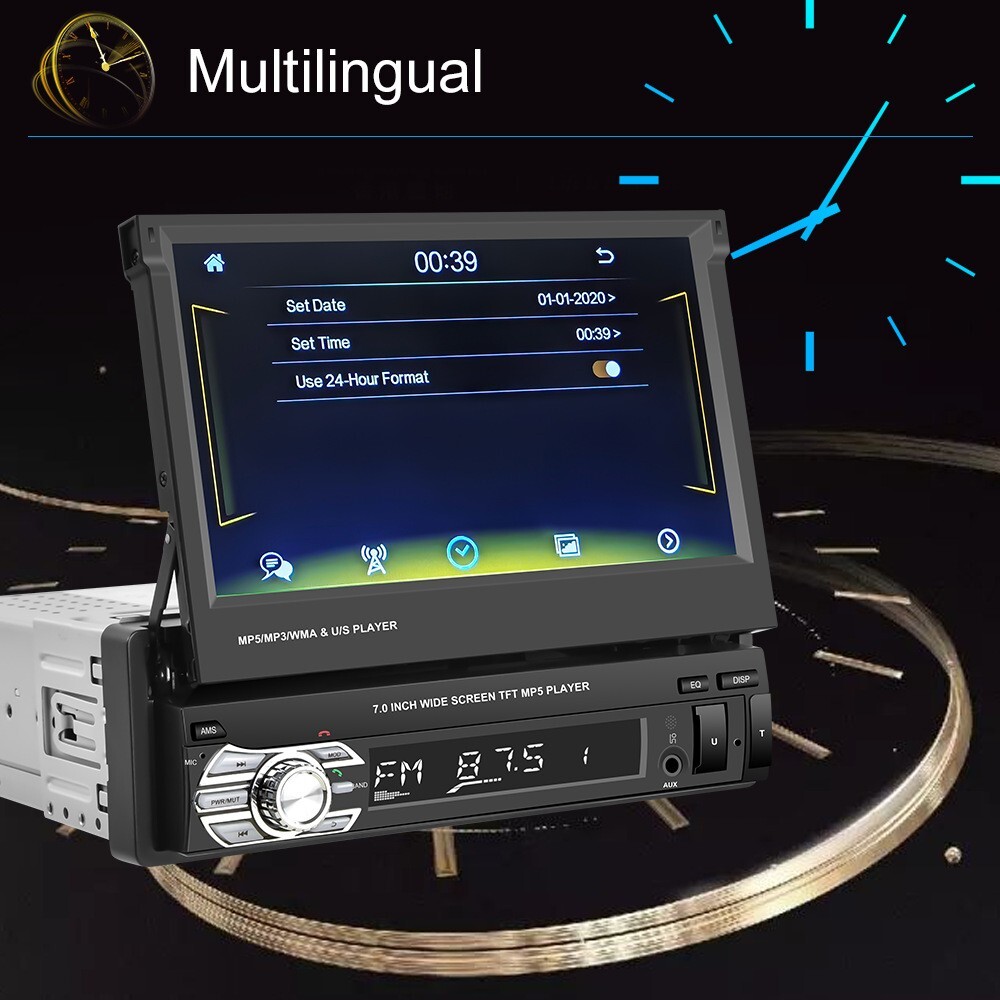 7″ Retractable Car MP5 Player with CarPlay, Android Auto 720P AHD Backup Camera