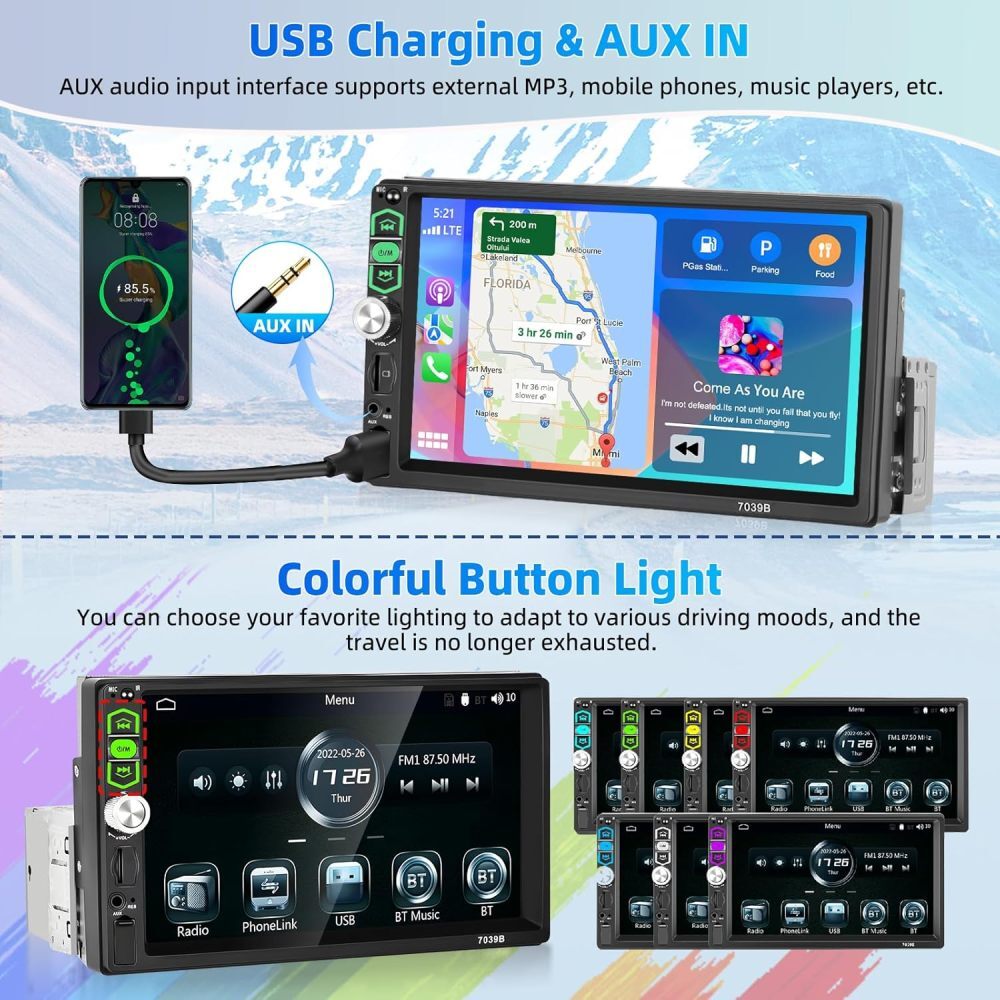 Single 1 DIN 7″ Car Stereo Radio Touch Screen Apple CarPlay Android Auto FM BT