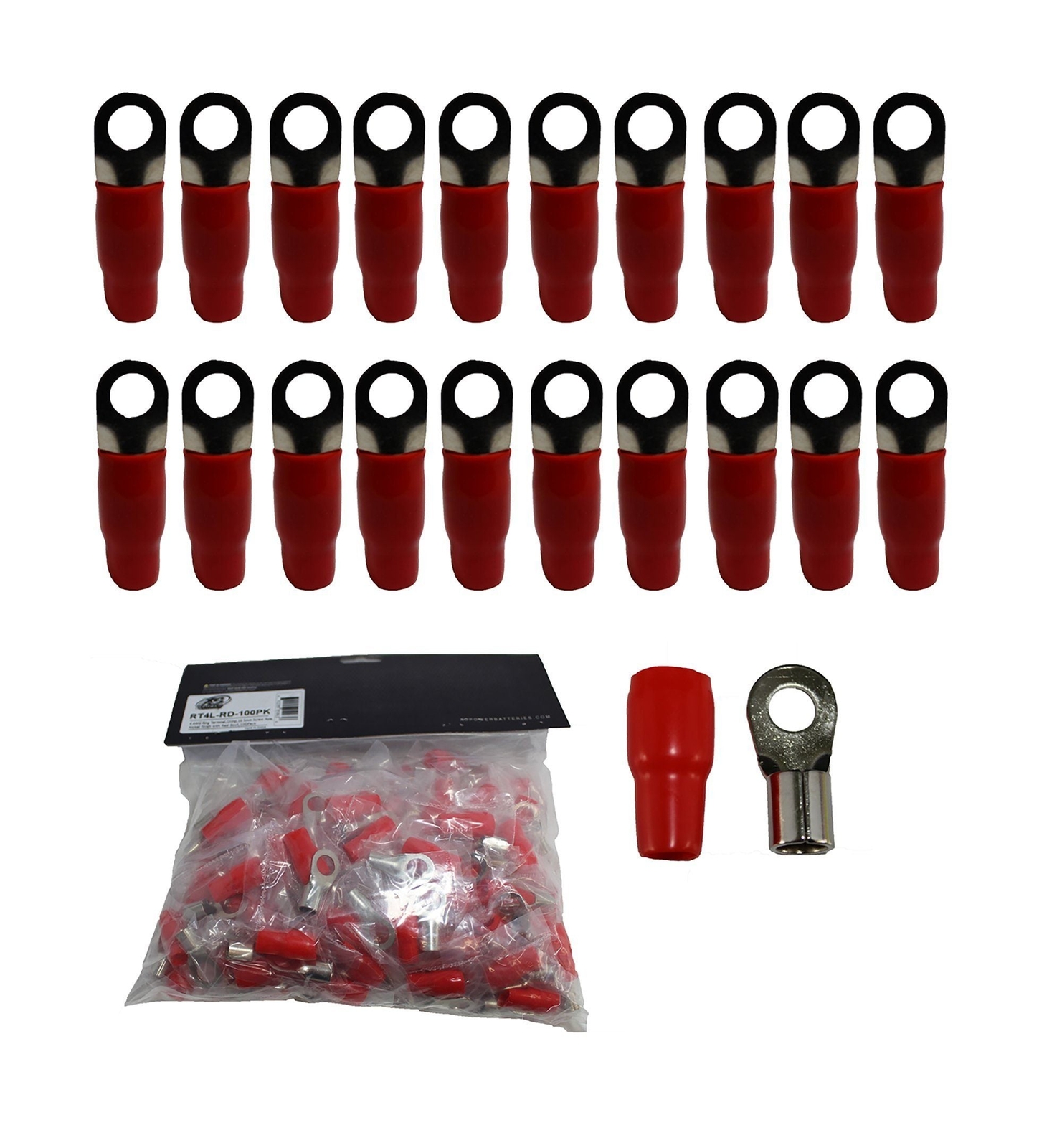 XS Power 20pk, Red 4 AWG 10.5MM Ring Terminals Nickle Plated XS-RT4L-RD