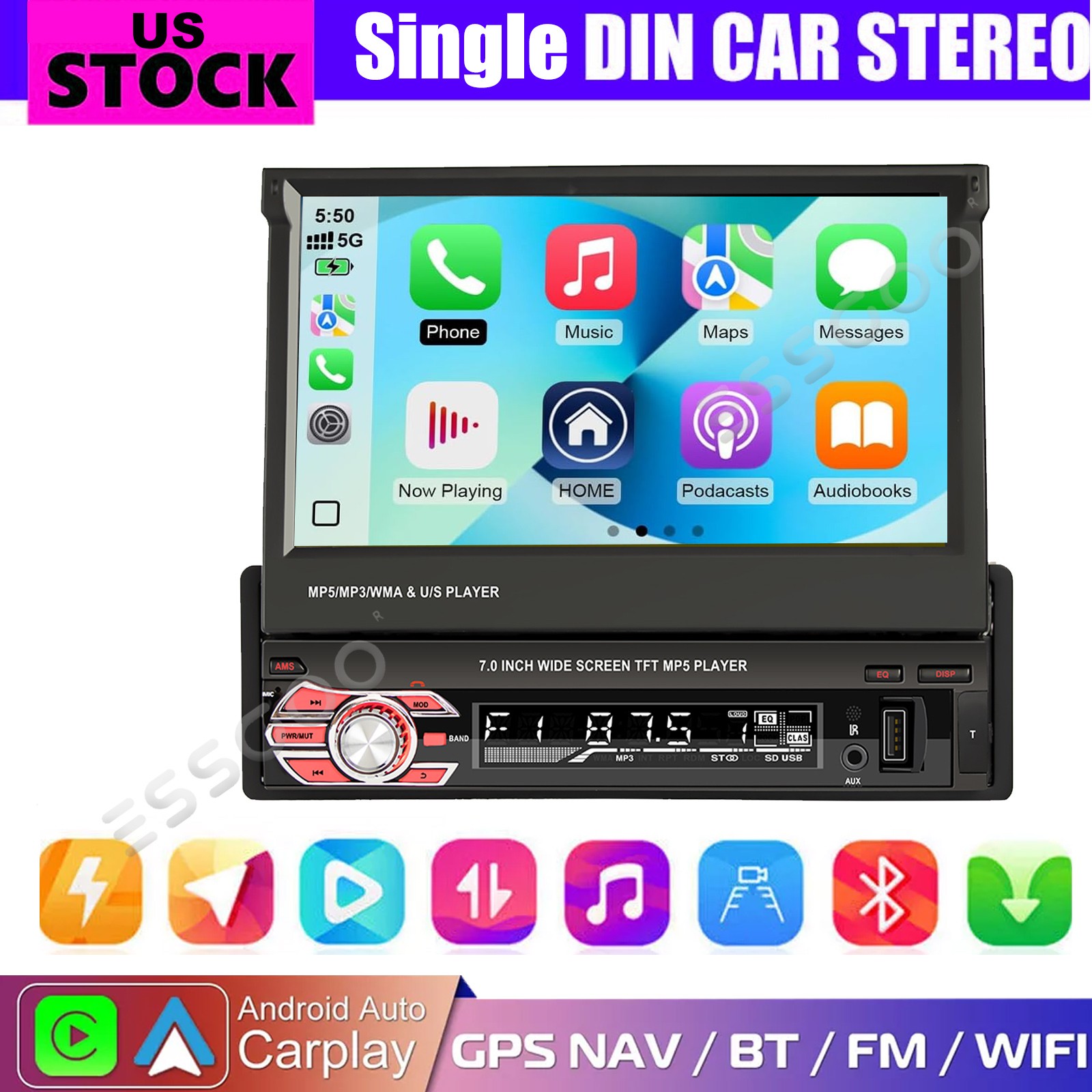 Single 1DIN Car Radio Stereo Touch Screen Bluetooth Flip out 7 Inch MP5 Player