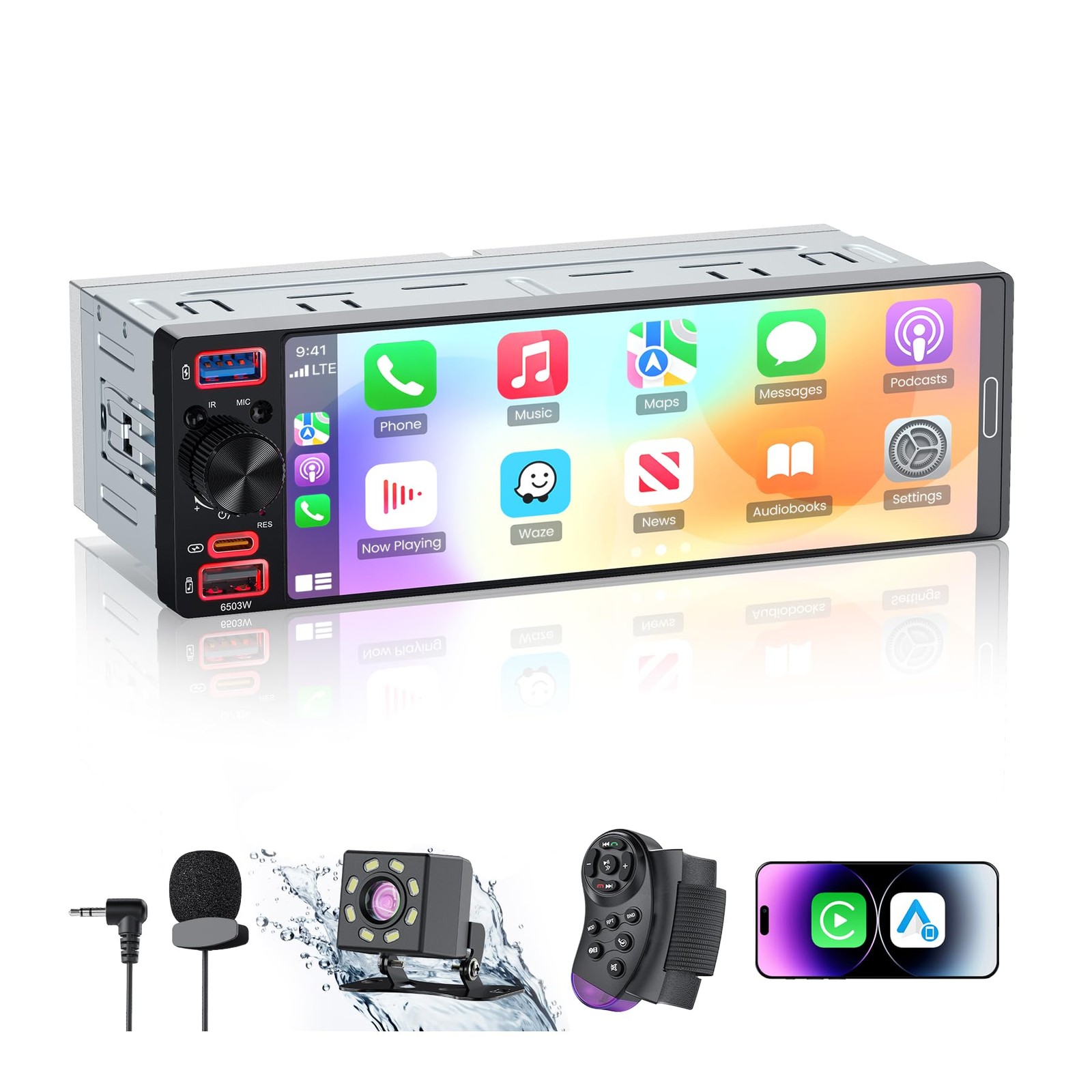 Single Din Radio Car Stereo with Apple CarPlay & Android Auto, 6.5” InCell To…