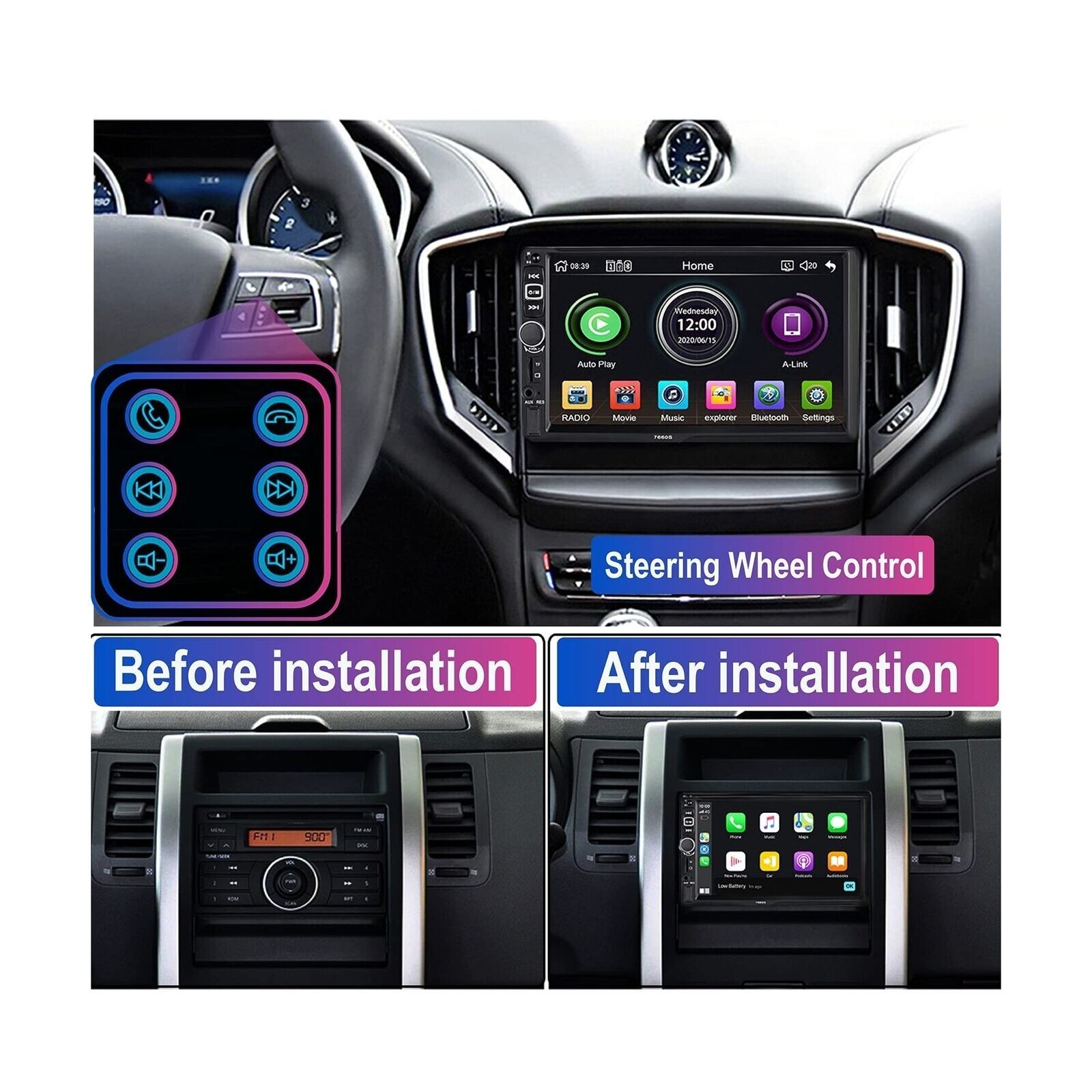 Double Din Car Stereo Radio Compatible with Apple Carplay and Android Auto 7″