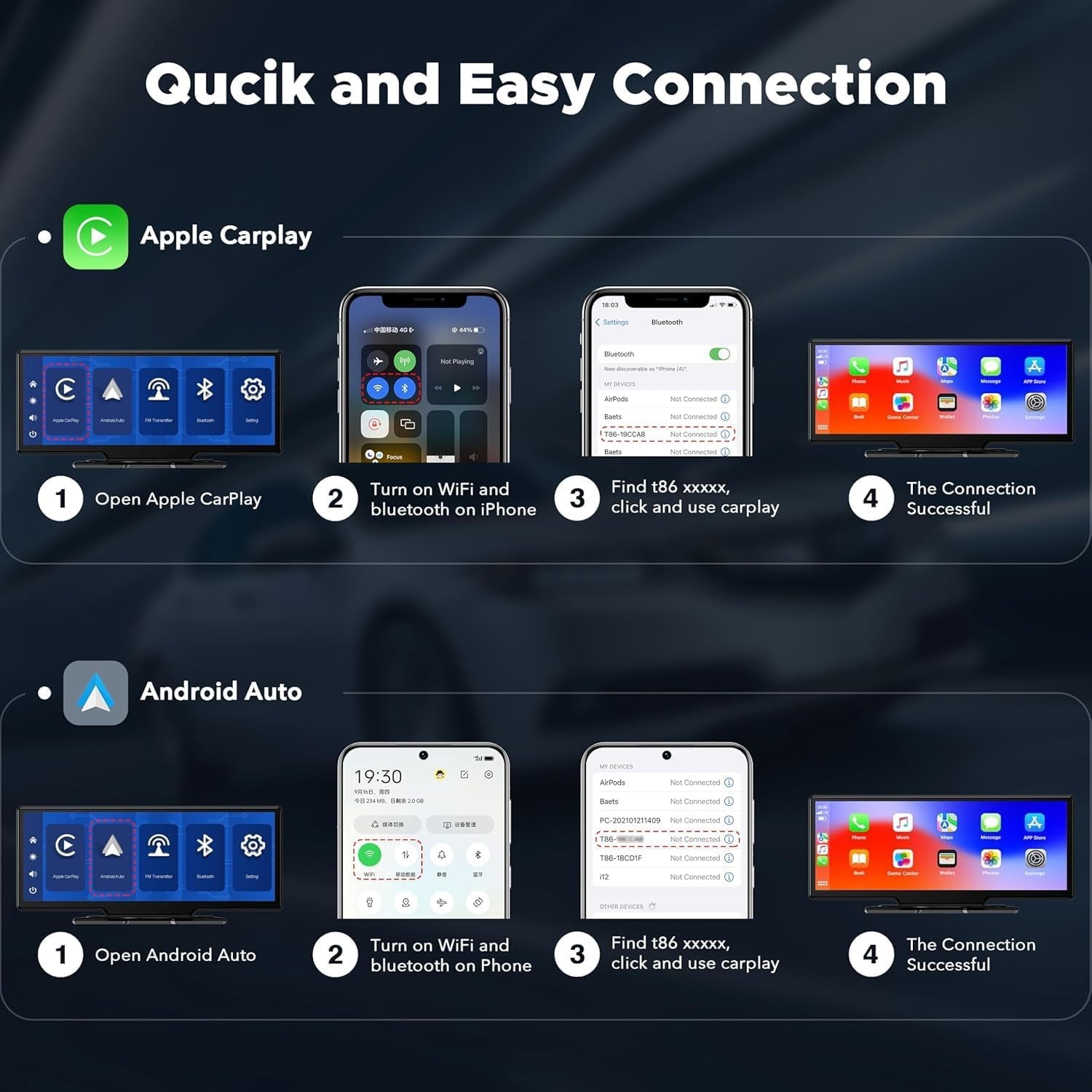 9.26″ Wireless Carplay & Android Auto with 2.5K Dash Cam & 1080P Backup Camera