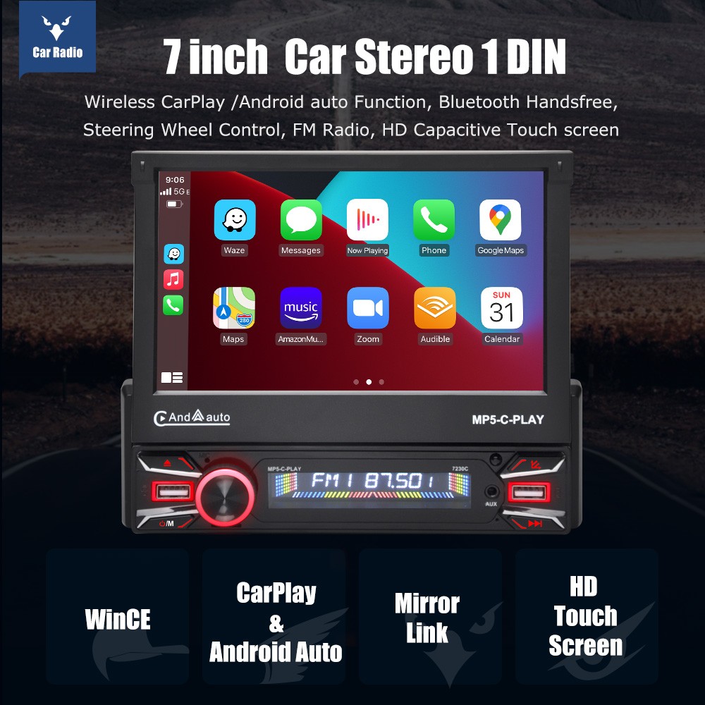 7″ Car Stereo Apple Carplay Android Auto GPS Flip Out Screen Radio with Camera