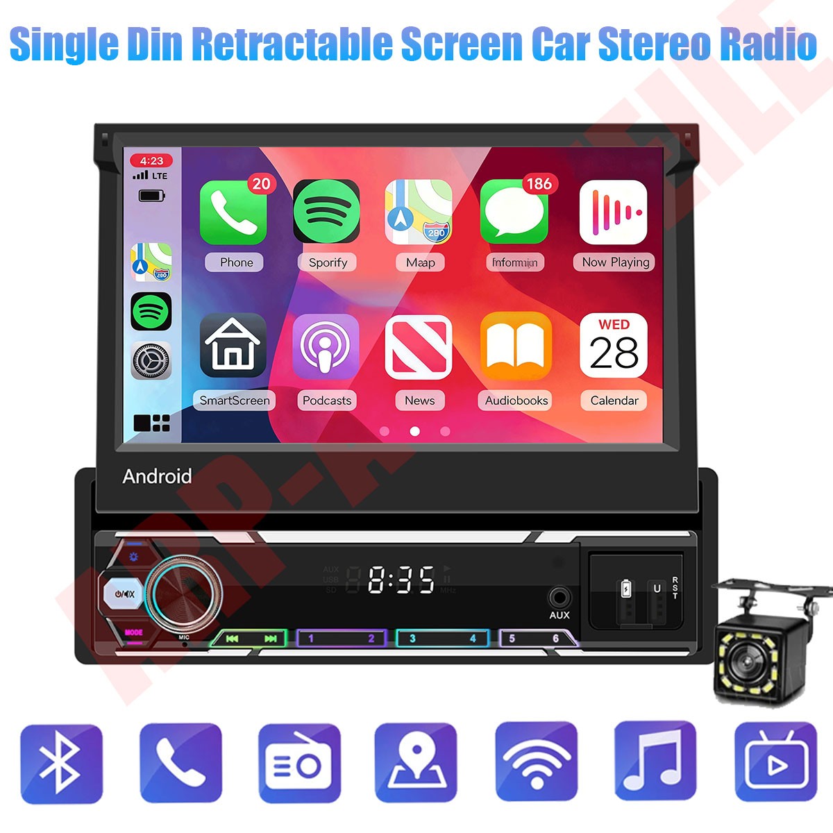 7” Single Din Android 15 Retractable Screen Car Stereo Radio GPS WIFI Carplay