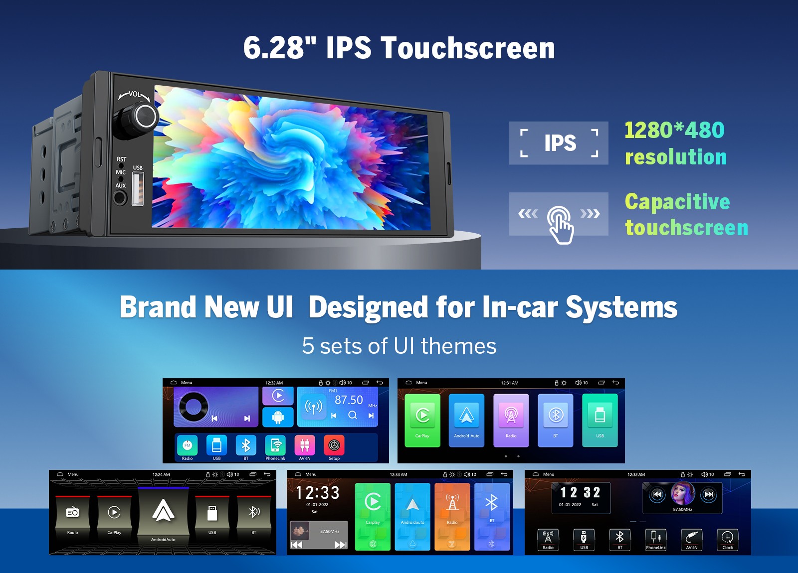 6.28″ Single DIN Car Stereo Wireless CarPlay Android Auto AM/FM RDS USB Headunit