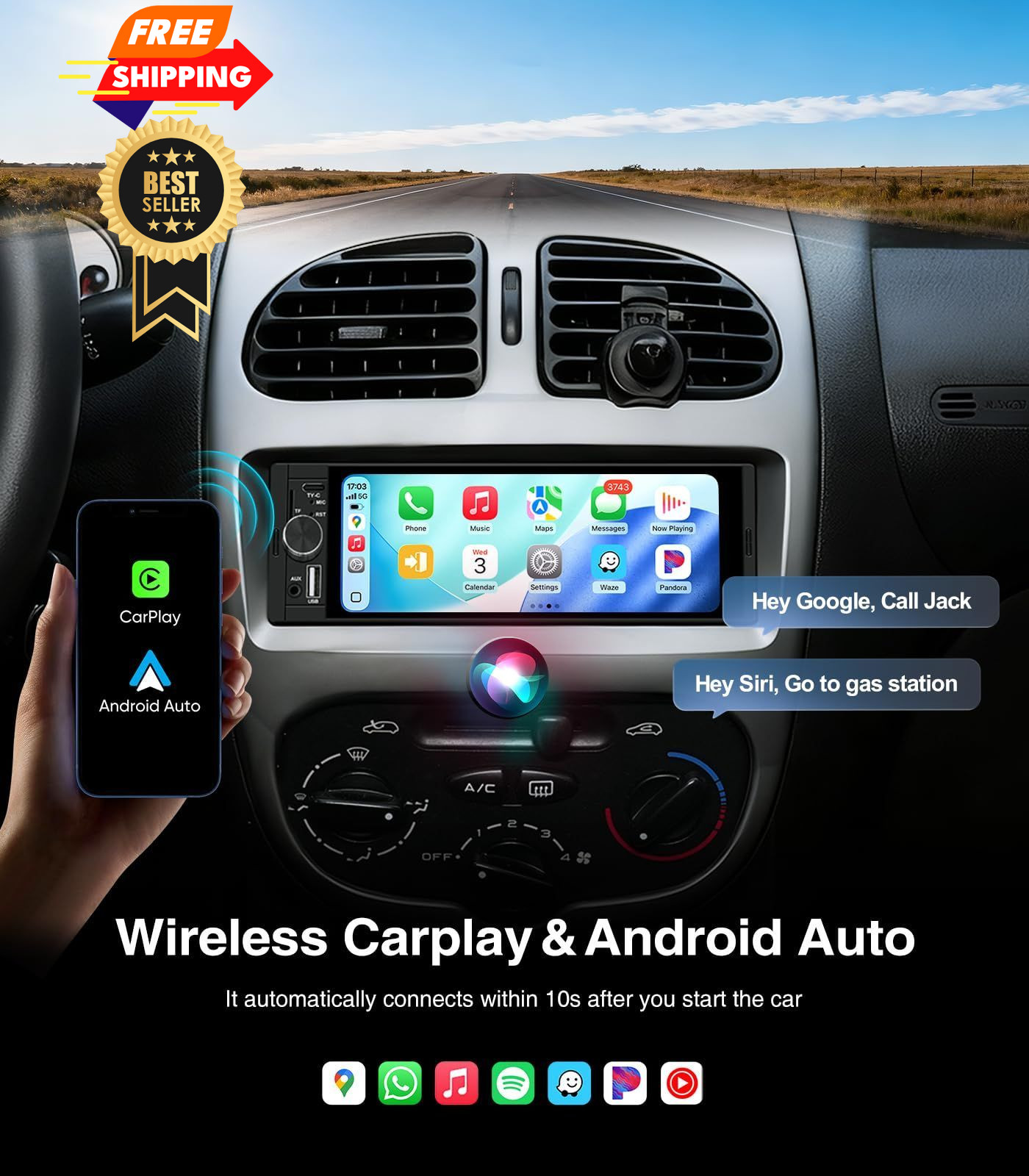 AINAVI 6.36 Inch Single Din Touchscreen Car Stereo Carplay Android Auto
