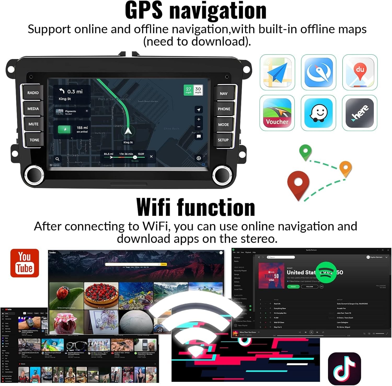 Android Car Stereo 2G+64G Touchscreen GPS Bluetooth WiFi Backup Camera for VW