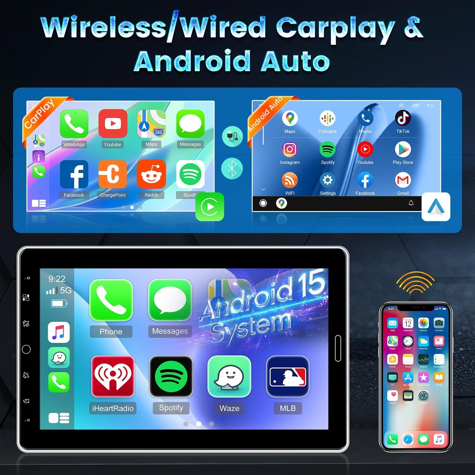 10.1” Android Single Din Car Stereo – 1280×720 Touchscreen, Wireless Carplay, G