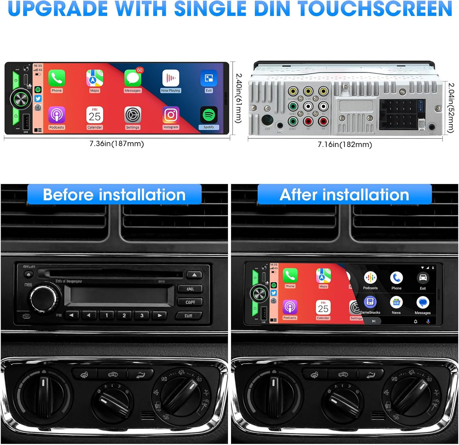Compact Single Din Radio with 300W Power, Subwoofer Outputs & Voice Assist